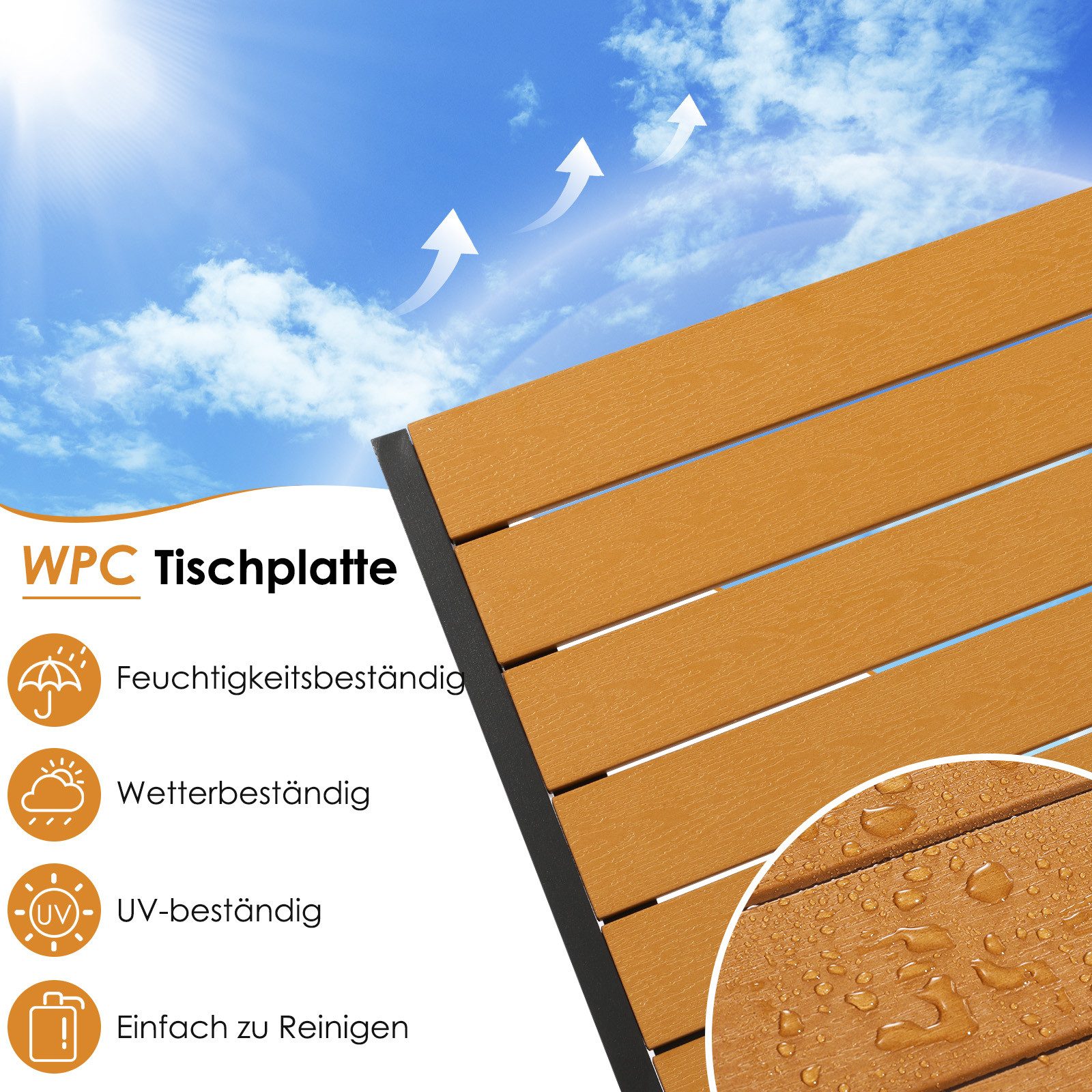 TLGREEN Gartentisch Aluminiumrahmen Quadratisch (75x75cm WPC Balkontisch Wetterfest, Quadratisch Terrassentisch, 1 Tisch), Esstisch Outdoor, Hitze- und Wetterbe – Bild 5 von 5