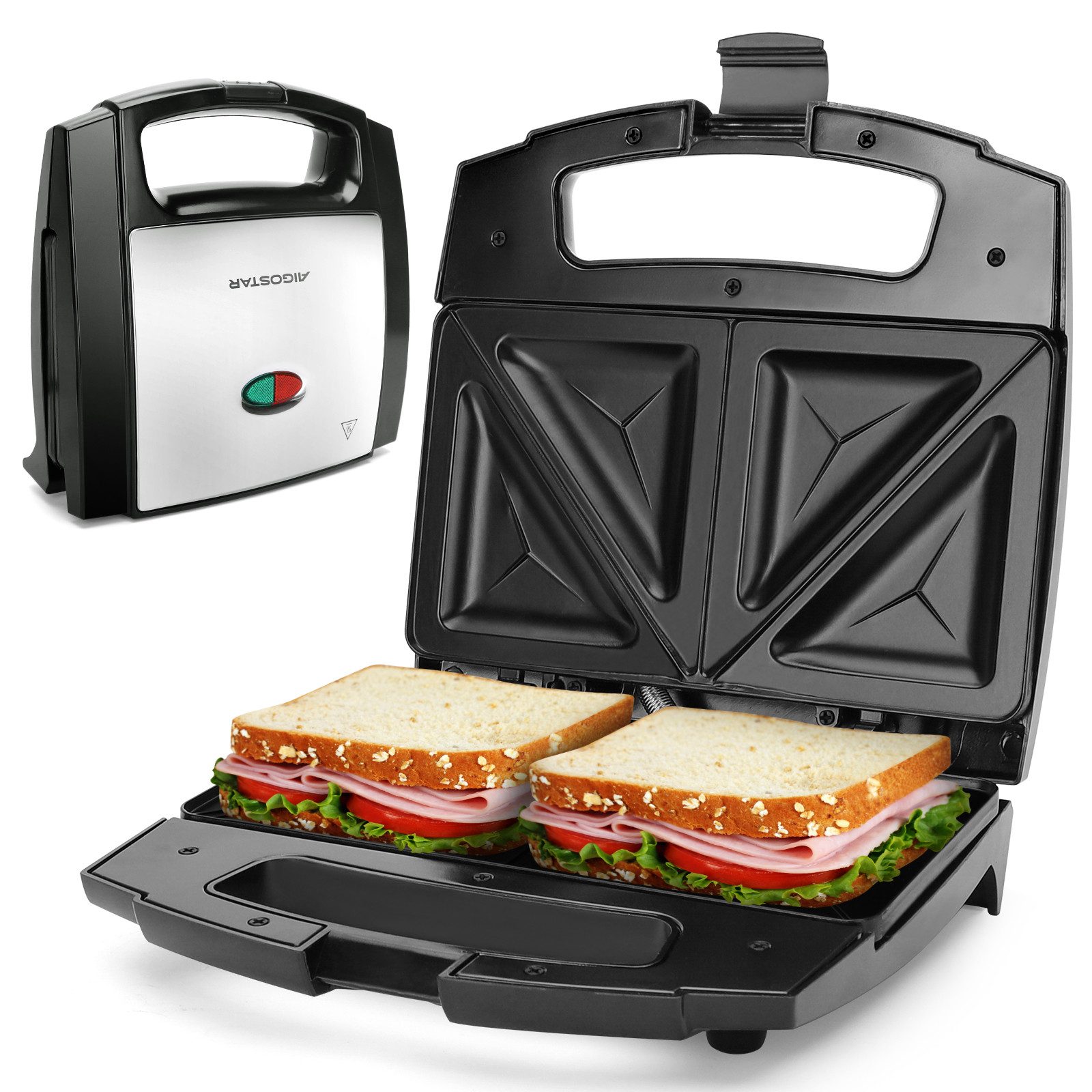 Aigostar Sandwichmaker Sandwichtoaster mit Antihaft-Keramikbeschichtung, Praktisch und Sicher, 800,00 W, Schnelles und Gleichmäßiges Aufheizen, Hochhitzebeständiges Gehäuse