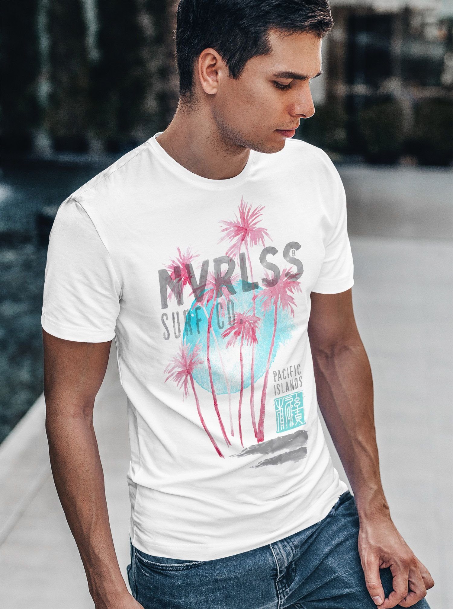 Neverless Print-Shirt Herren T-Shirt Palmen Sommer Strand Surfing Surf Paci günstig online kaufen