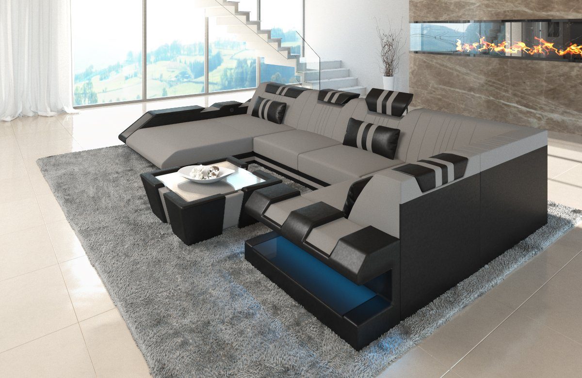 Sofa Dreams Couch C76 wahlweise mit Polster Form U Wohnlandschaft als Apollonia LED, mit Stoffsofa, Sofa Stoff Schlafsofa, Designersofa Hellgrau-Schwarz Bettfunktion