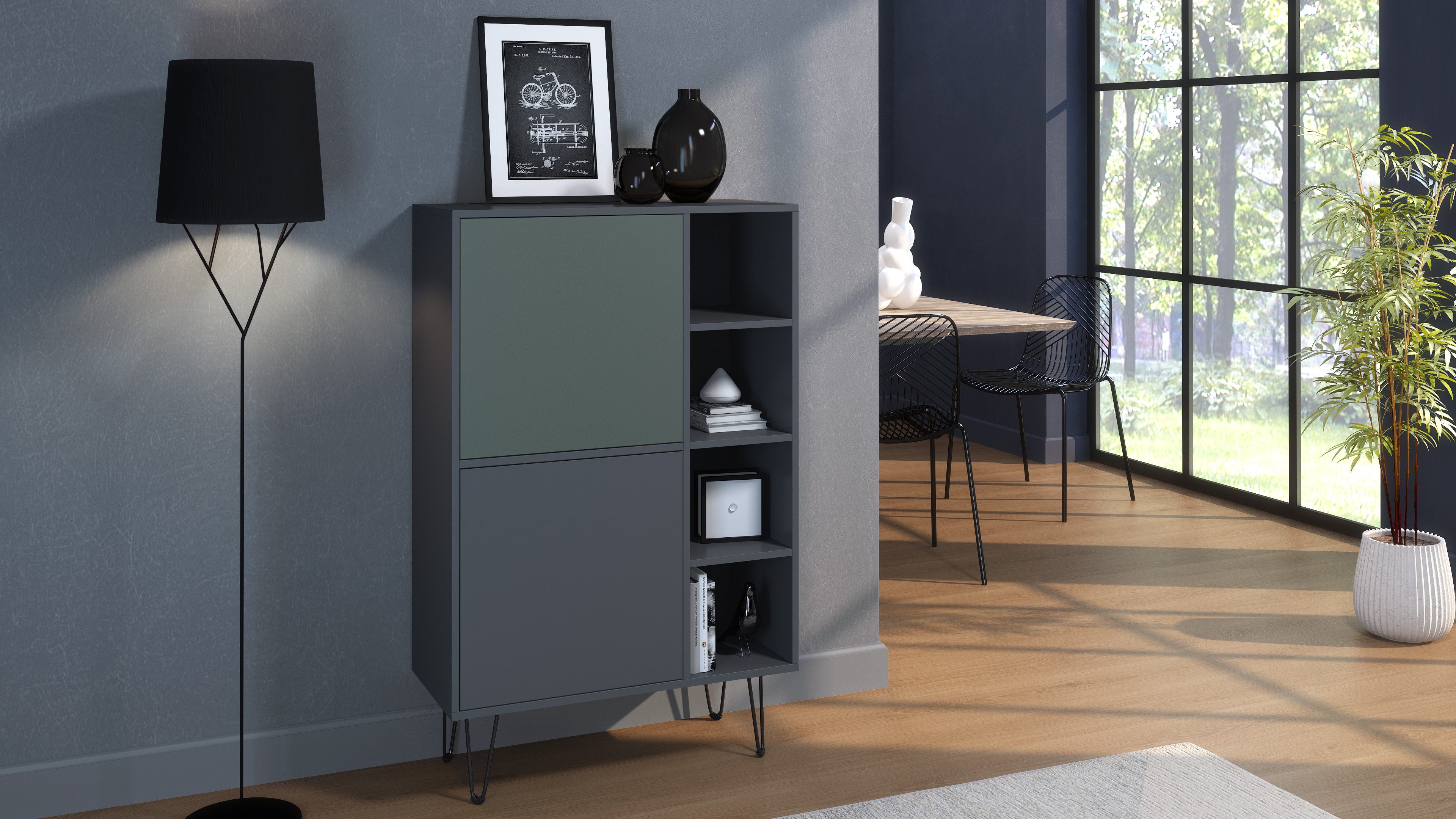 Vladon Sideboard Havana V1 (Schrank mit 2 Türen und 4 offene Fächer, Kommode Made in Germany), Anthrazit matt / Anthrazit matt (124 x 79 x 35 cm)
