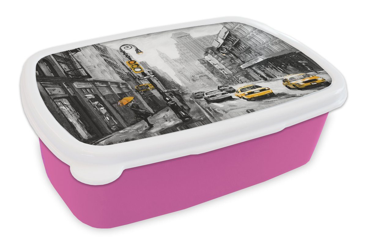 Brotdose Gemälde Stadt Kunststoff Snackbox, Kunststoff, für - (2-tlg), Mädchen, Lunchbox Auto, MuchoWow Kinder, rosa Erwachsene, Brotbox - - Ölfarbe