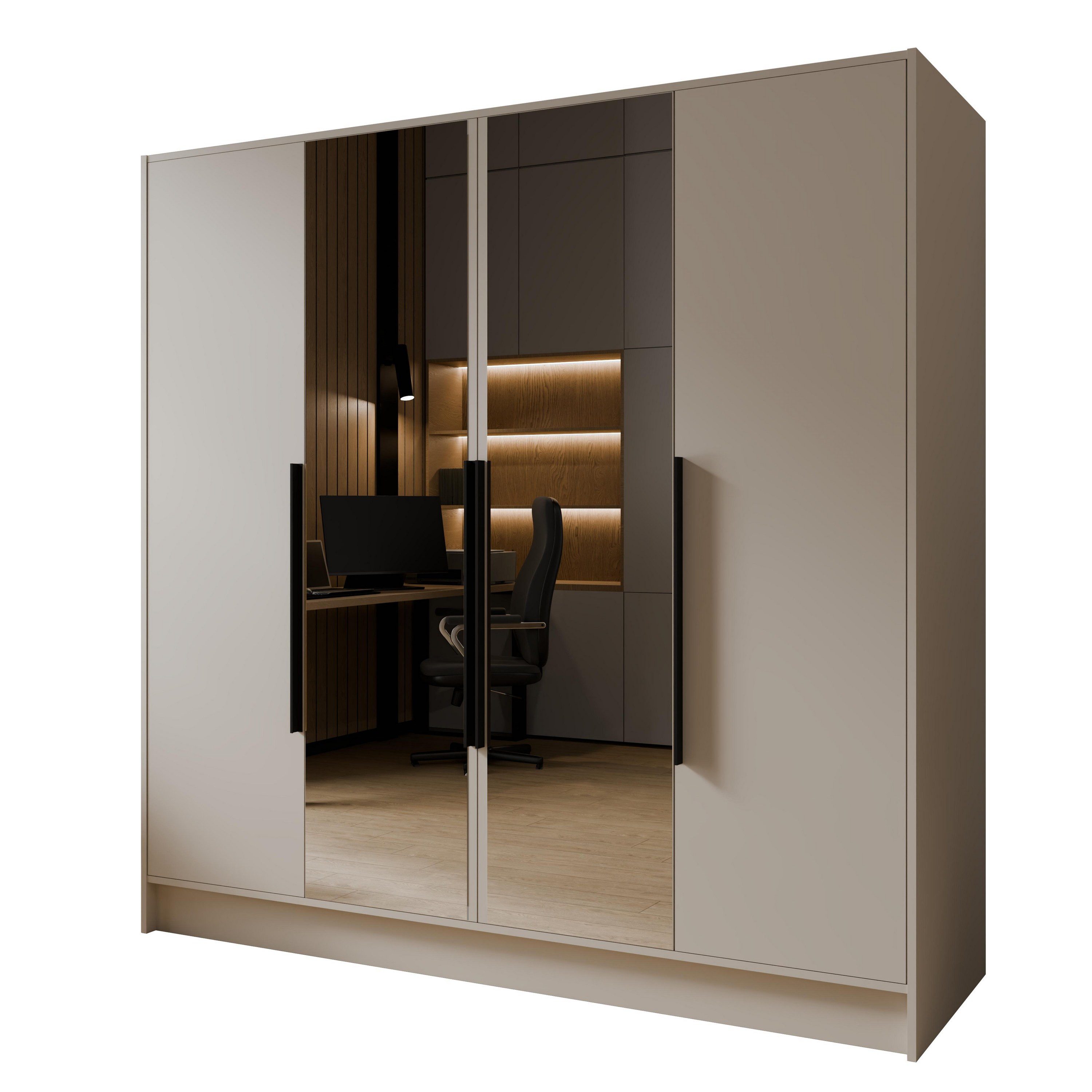 Masseno Drehtürenschrank RENVO 200 cm Kleiderschrank mit Spiegel 4 Türen Kaschmir