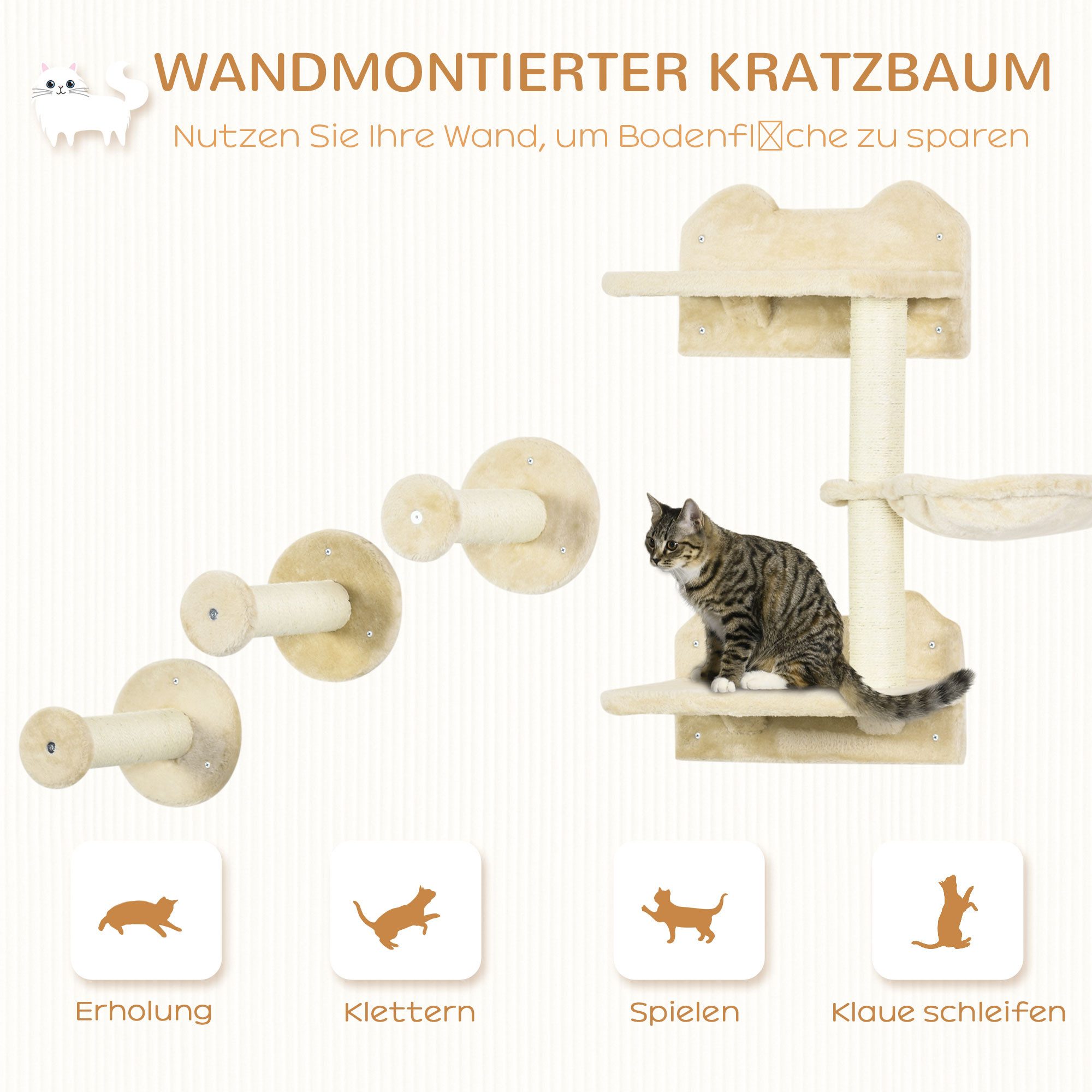 furnicato Katzen-Kletterwand Kletterstufen-Set für Katzen 40L x 28B x 73H cm, Kratzbaum-Wandset mit Hängematte und Sisal für Katzen bis 5 kg