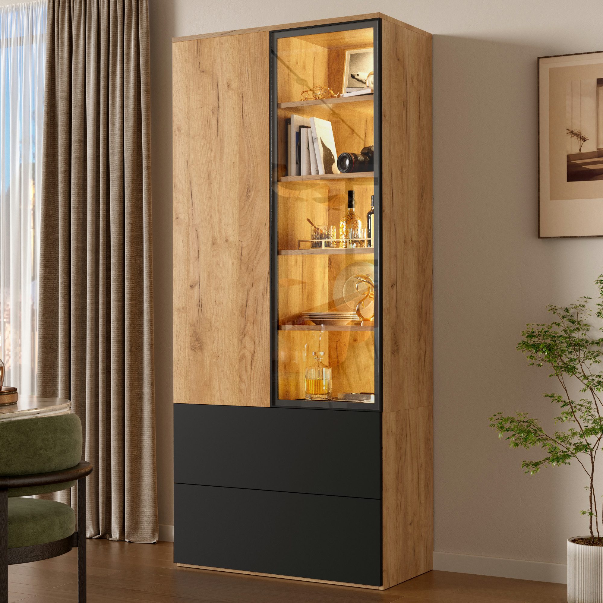 Flieks Glasvitrine Hochschrank mit LED-Beleuchtung, Glastüren, 2 Schubladen Landhausstil (70x35x160 cm, 1-St., Multifunktionsschrank mit 6 verstellbaren Einlegeböden) Mehrzweckschrank Bücherregal Standvitrine Holzoptik Natur&Schwarz