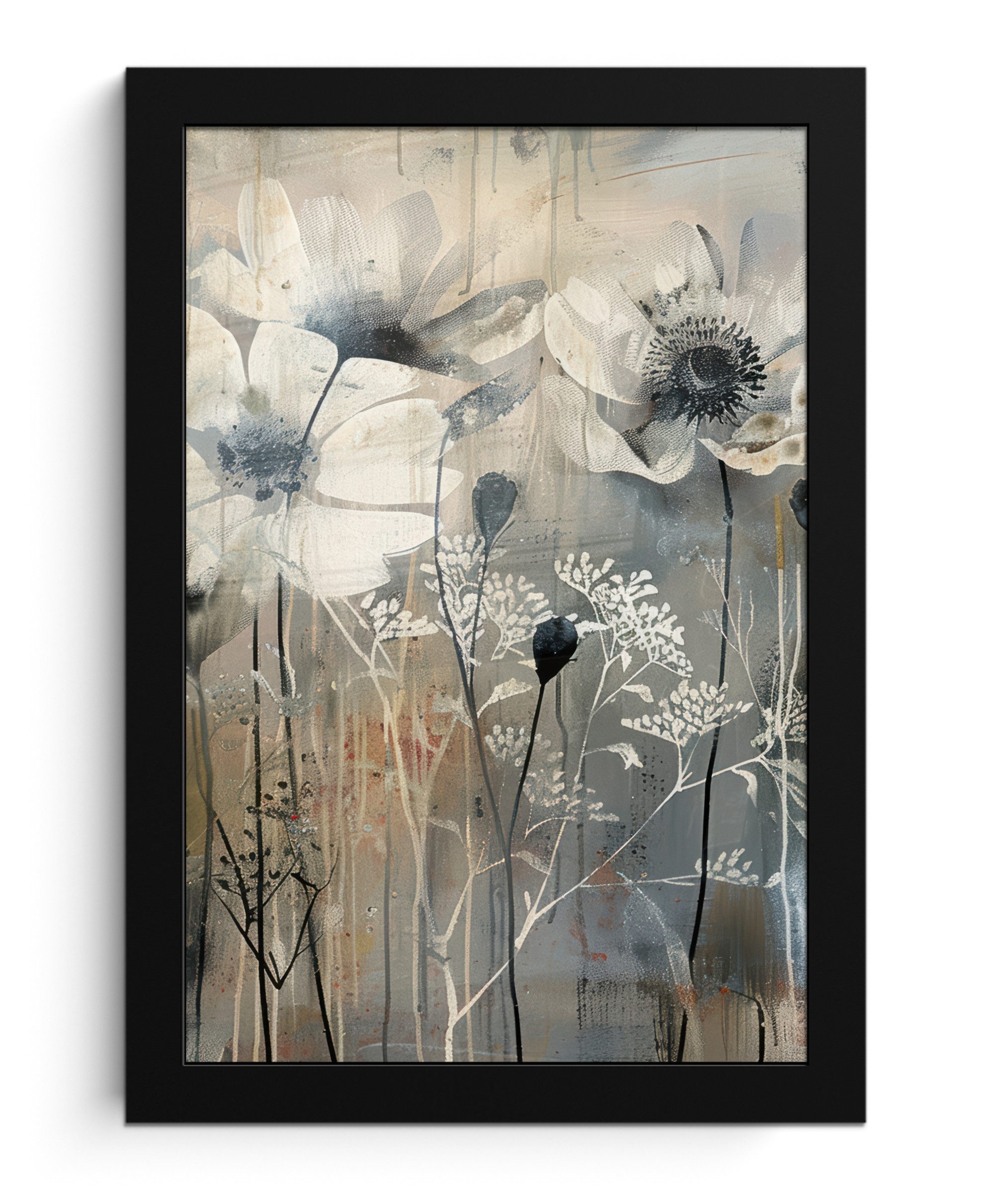 MuchoWow Poster Blumen - Pflanzen - Grau - Abstrakt, (1 St), Bilderrahmen, Zimmer Deko, Bild für Wohnzimmer, 20x30 cm