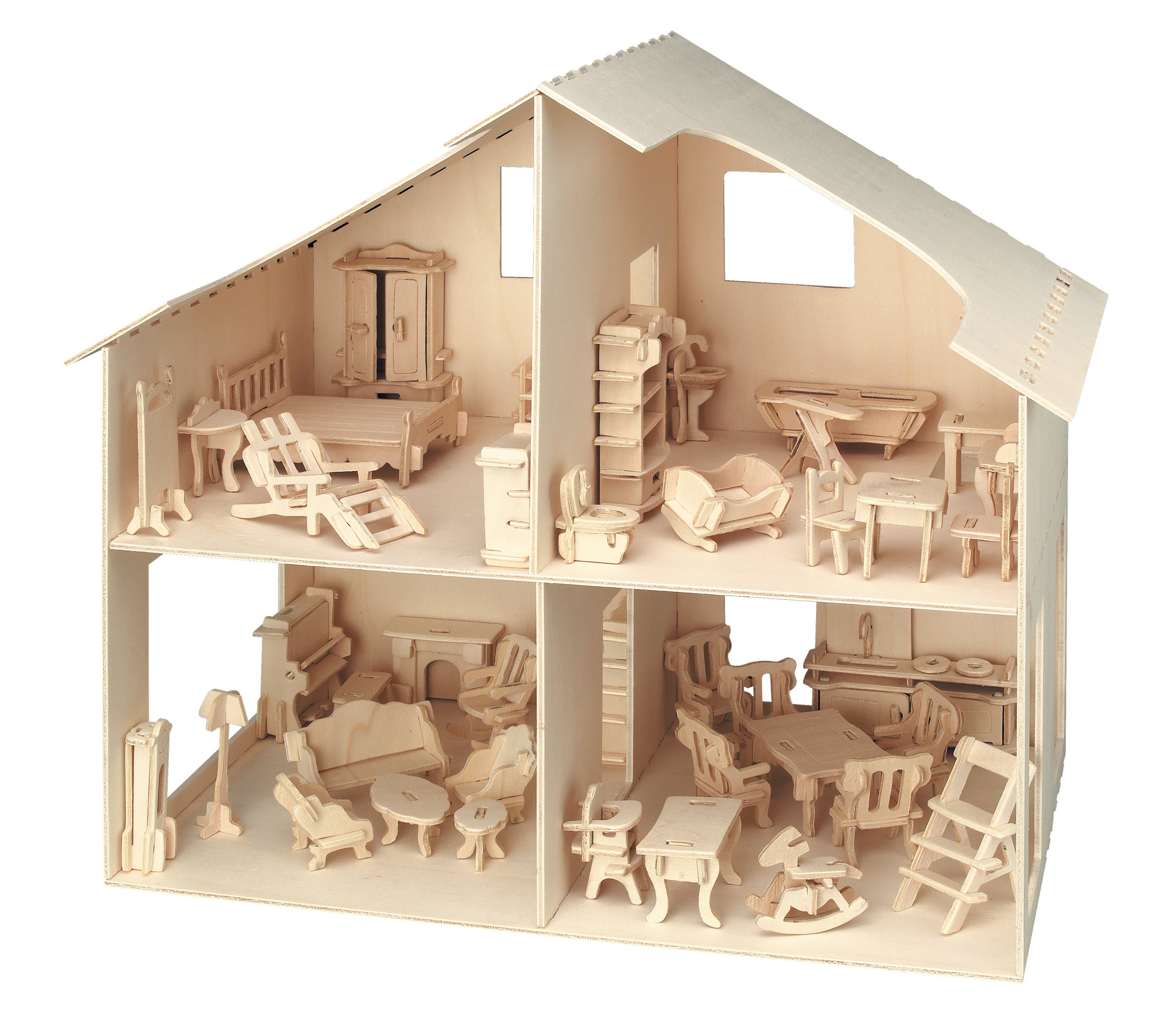 Pebaro 3D-Puzzle Holzbausatz Puppenhaus mit Möbeln, 880, 252 Puzzleteile