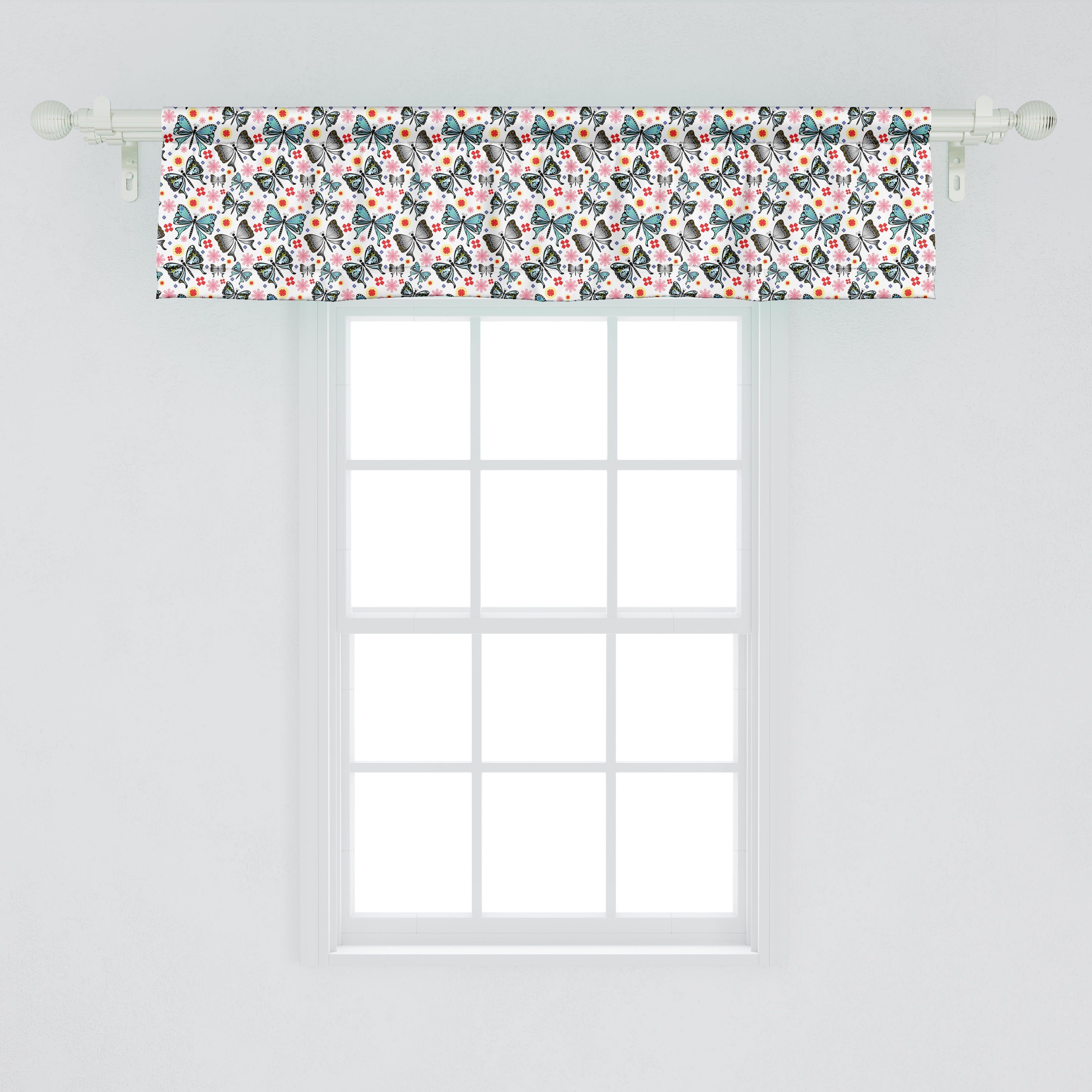 Scheibengardine Vorhang Volant für Küche Abakuhaus, Blumen Dekor Insekten- Microfaser, Schlafzimmer Schmetterling Tiny Stangentasche, mit und