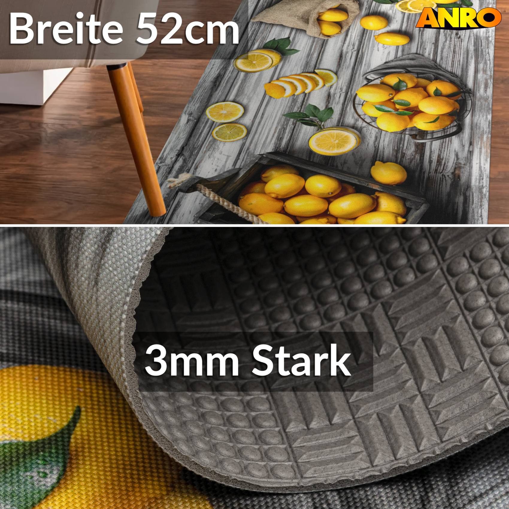 ANRO Küchenläufer LUIGI Zitronen pflegeleicht hochwertig Flurläufer Küchenteppich, eckig, Höhe: 3 mm, Teppichläufer 100cm Modern Gelb wasserdicht