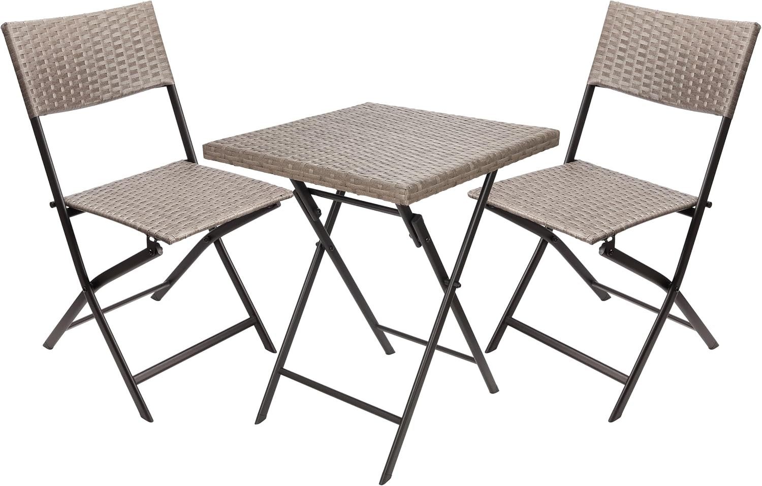 BRUBAKER Balkonset Toskana mit Tisch und Stühlen - Wetterfest klappbar und platzsparend, (Braun Grau, 1-tlg., Bistroset mit Klappstühlen), Polyrattan Balkonmöbel Set - Sitzgruppe für Balkon Terrasse Garten
