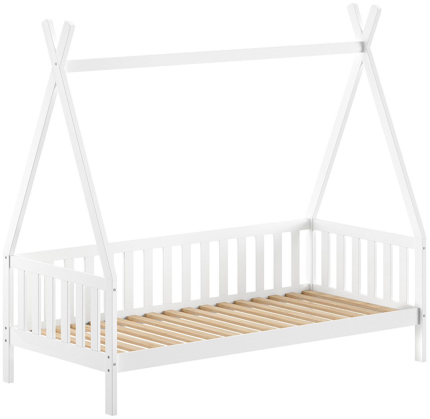Vipack Massivholzbett mit Tipi Dach, seitlich und hinten mit Sprossenumrandung (Liegefläche 90/200 cm inkl. Massivholz Rollattenrost), Korpus aus massiver Kiefer, weiß lackiert