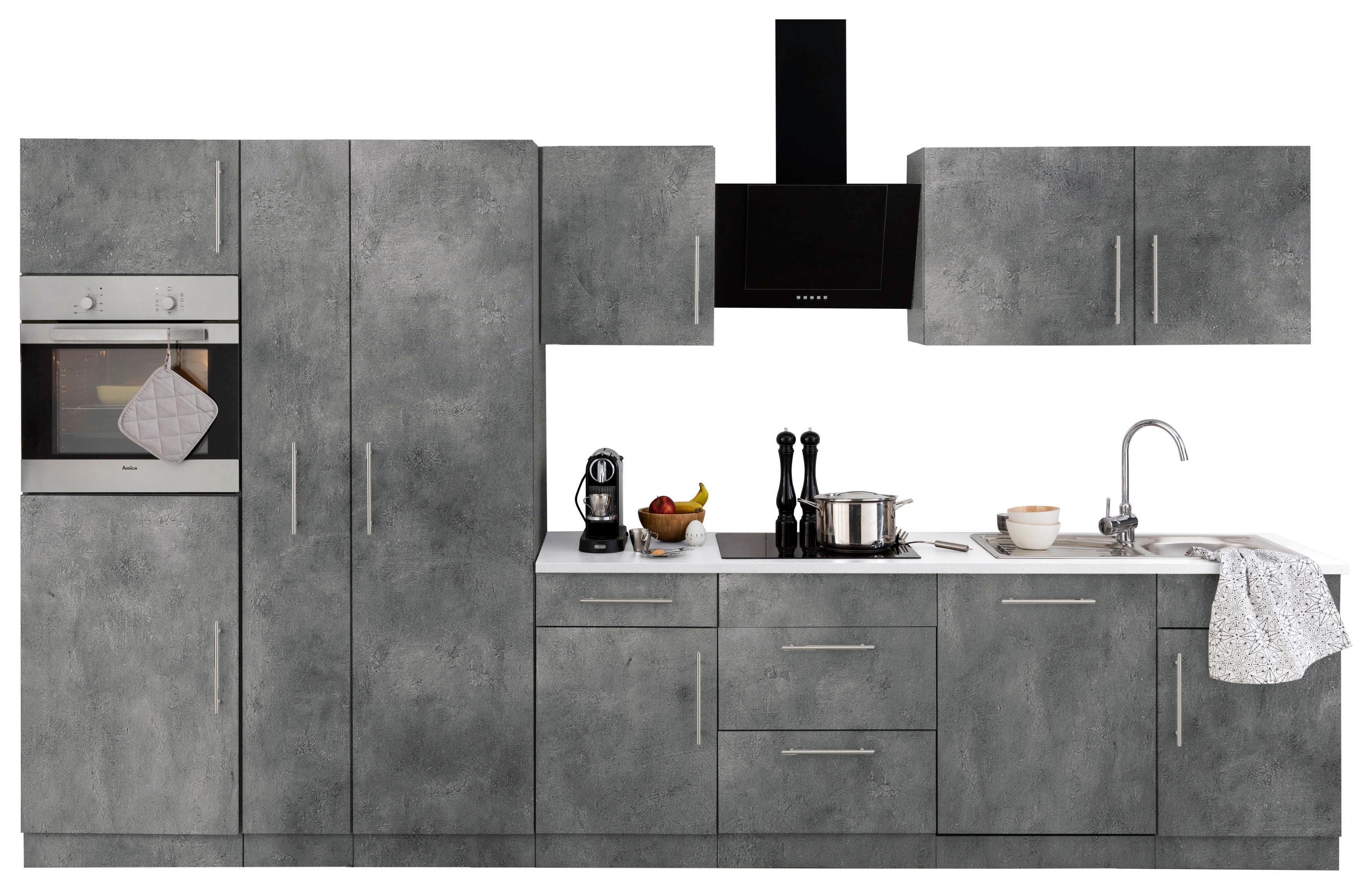 wiho Küchen Küchenzeile Cali, Playa E-Geräten, betonfarben, Korpus: mit 360 | mit und Breite Grau Front Metallgriffen Betonfarben Arbeitsplatte: cm