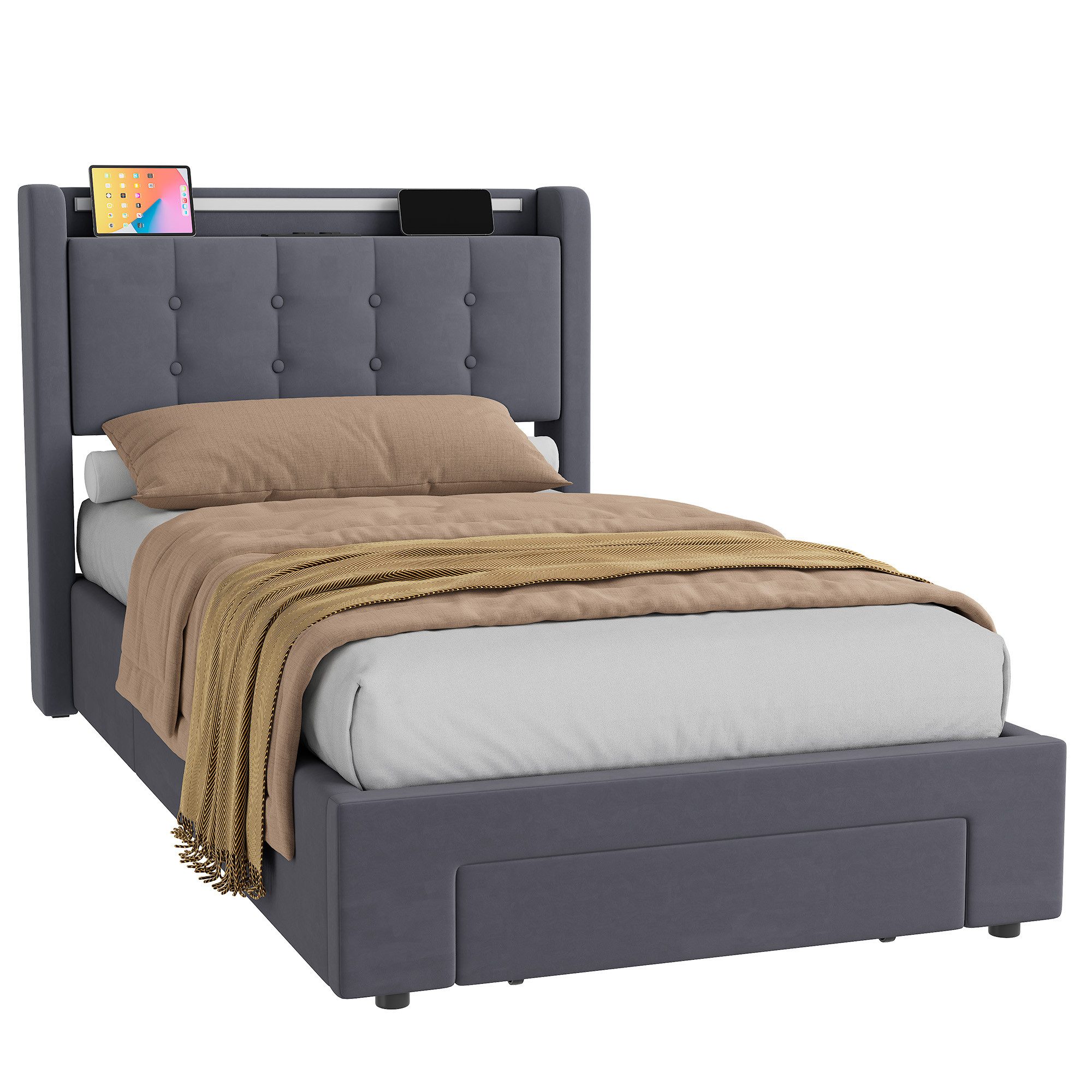 HAUSS SPOLE Polsterbett Stauraumbett mit Bettkasten,Einzelbett- oder Doppelbett erhältlich (90×200 Bettgestell Komfort-Einzelbett Schlafzimmerbett aus Samt, stabile Stahl-Holz-Konstruktion für hohen Schlafkomfort), Bettrahmen ohne Matratze