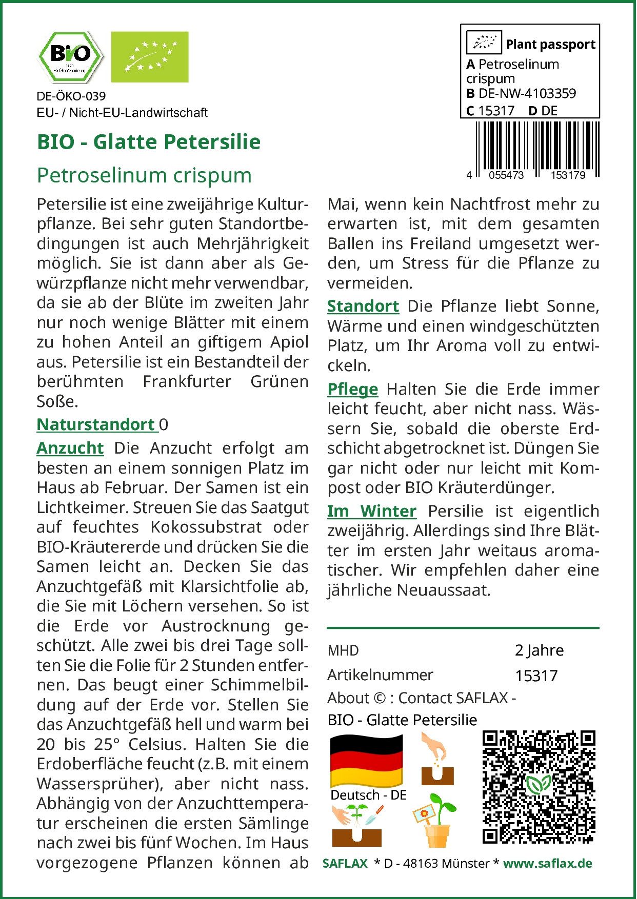 SAFLAX Kräutersamen SAFLAX - Samen und Substrat - BIO - Glatte Petersilie