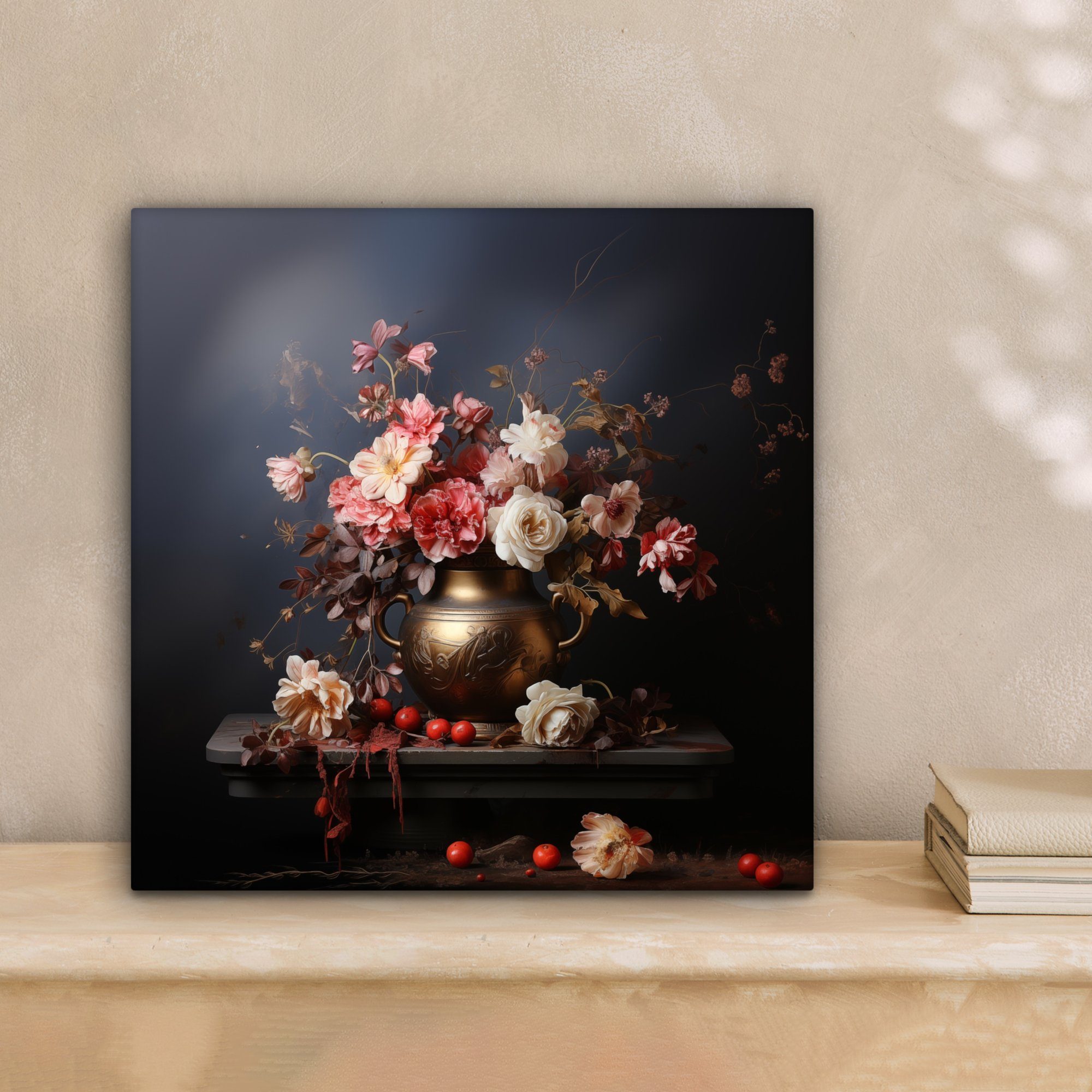 OneMillionCanvasses® Leinwandbild Stilleben - Blumen - Rosen - Blumenstrauß - Vase, Fotodruck (1 St), Vintage Deko Bilder Wohnzimmer, Wanddeko Retro, 20x20 cm