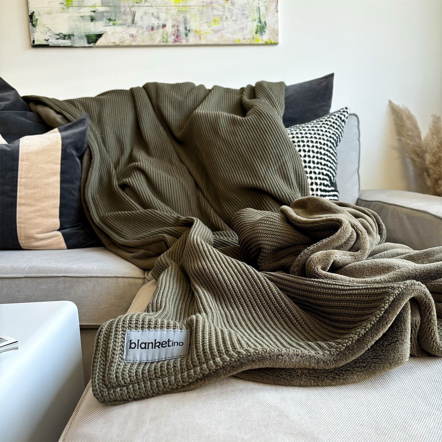 Wohndecke flauschige Kuscheldecke, wärmende Couchdecke im Strick Design, blanketino