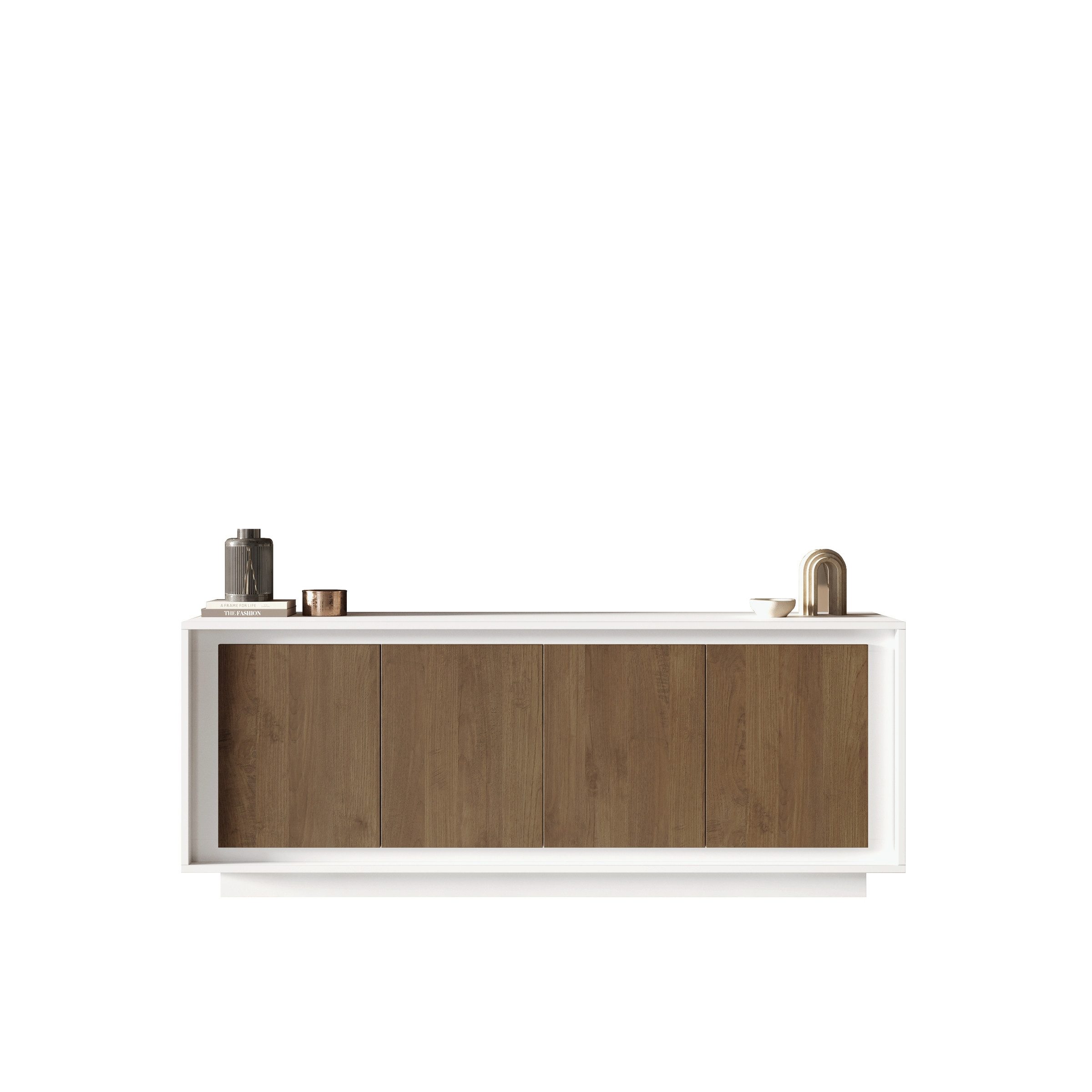 freiraum Sideboard Siena, 4 Türen, Weiss Lack matt / Mercure Eiche Dekor - 207x80x50 (BxHxT)