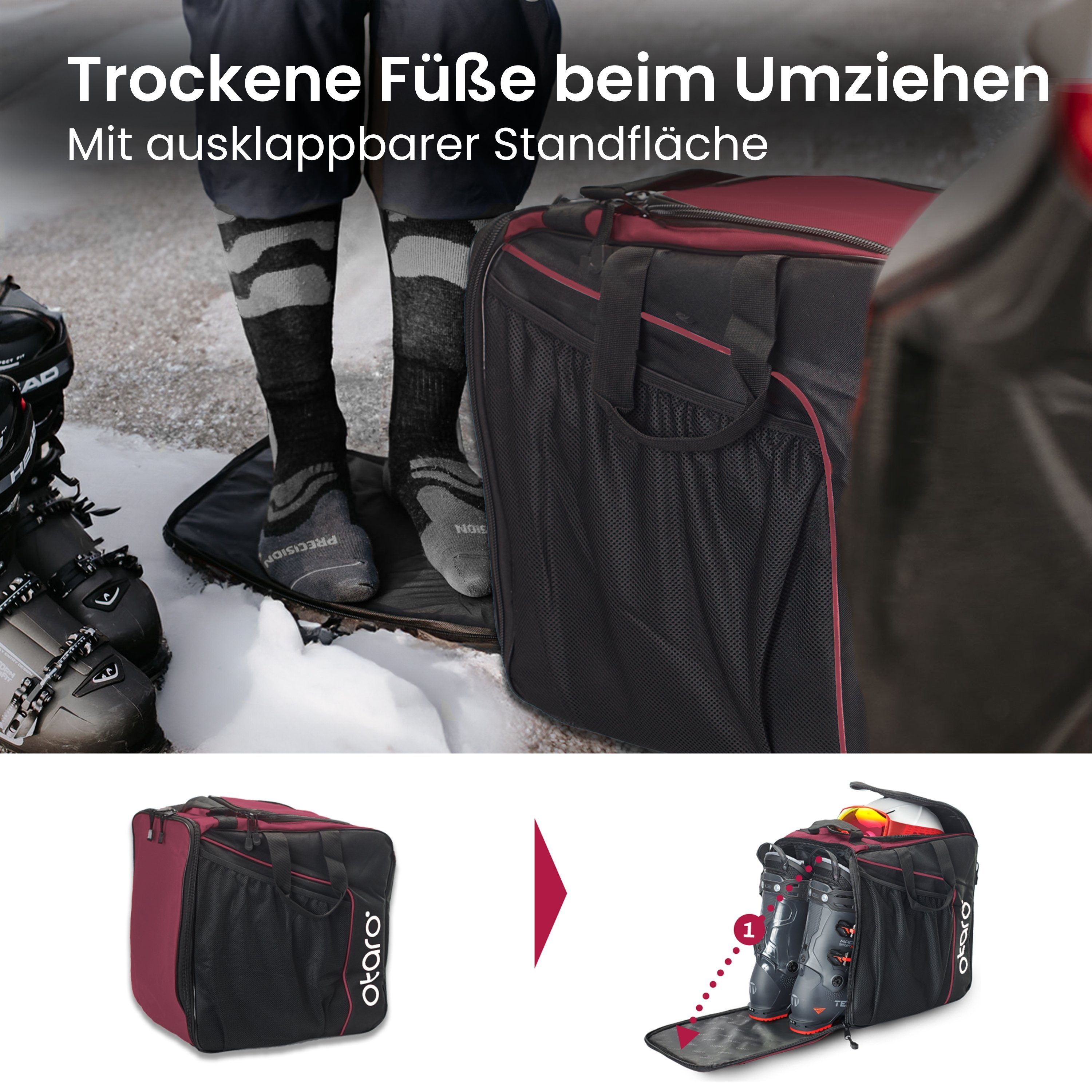 & Ski Skischuhtasche Standfläche, ausklappbare für Ski (Schutz durchdacht, Set: Otaro Bordeauxrot Skitasche, Schwarz Perfekt Classic-Set deine für für + 2 Stöcke) 2 Sporttasche Paar Ausrüstung, Paar