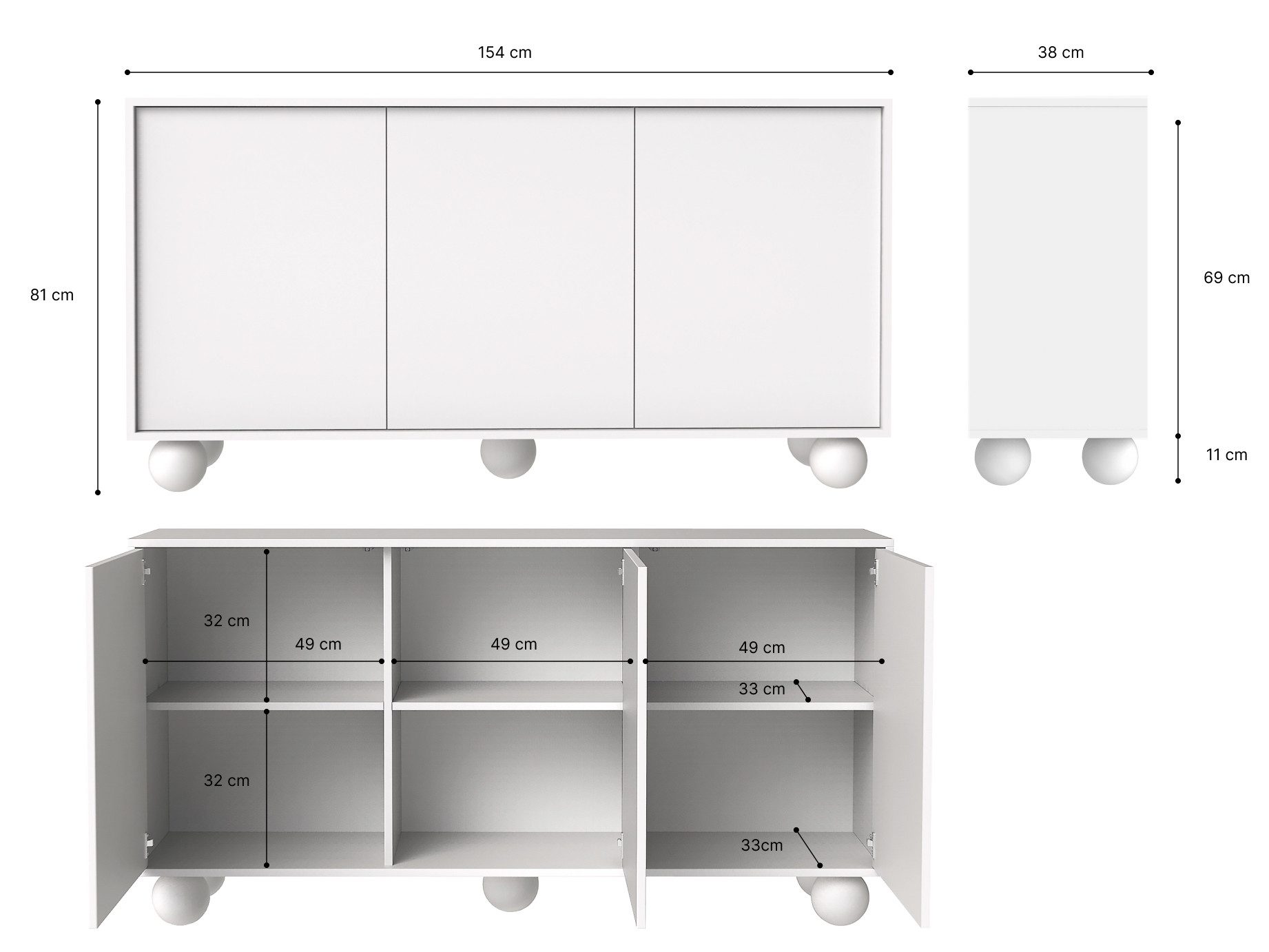 Beautysofa Kommode ADEL 154 cm im modernen Stil (Sideboard grifflos 3 Türen, Push-to-Open), Design Kommode für Wohnzimmer & Schlafzimmer – Bild 5 von 5