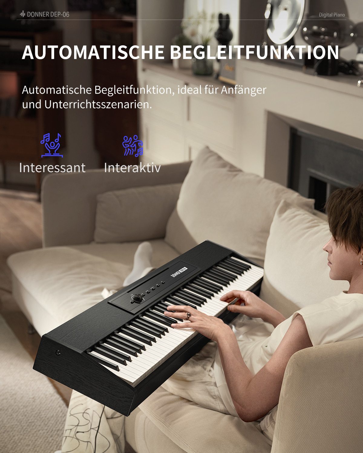 Donner Home-Keyboard Halbgewichtet E-piano Tragbares Klavier mit X-Ständer DEP-06 (Set, Notenständer X-Klavierständer Metall-Sustain-Pedal Netzteil), Tragbar und hochkompatibel Unterstützt den Kopfhörermodus