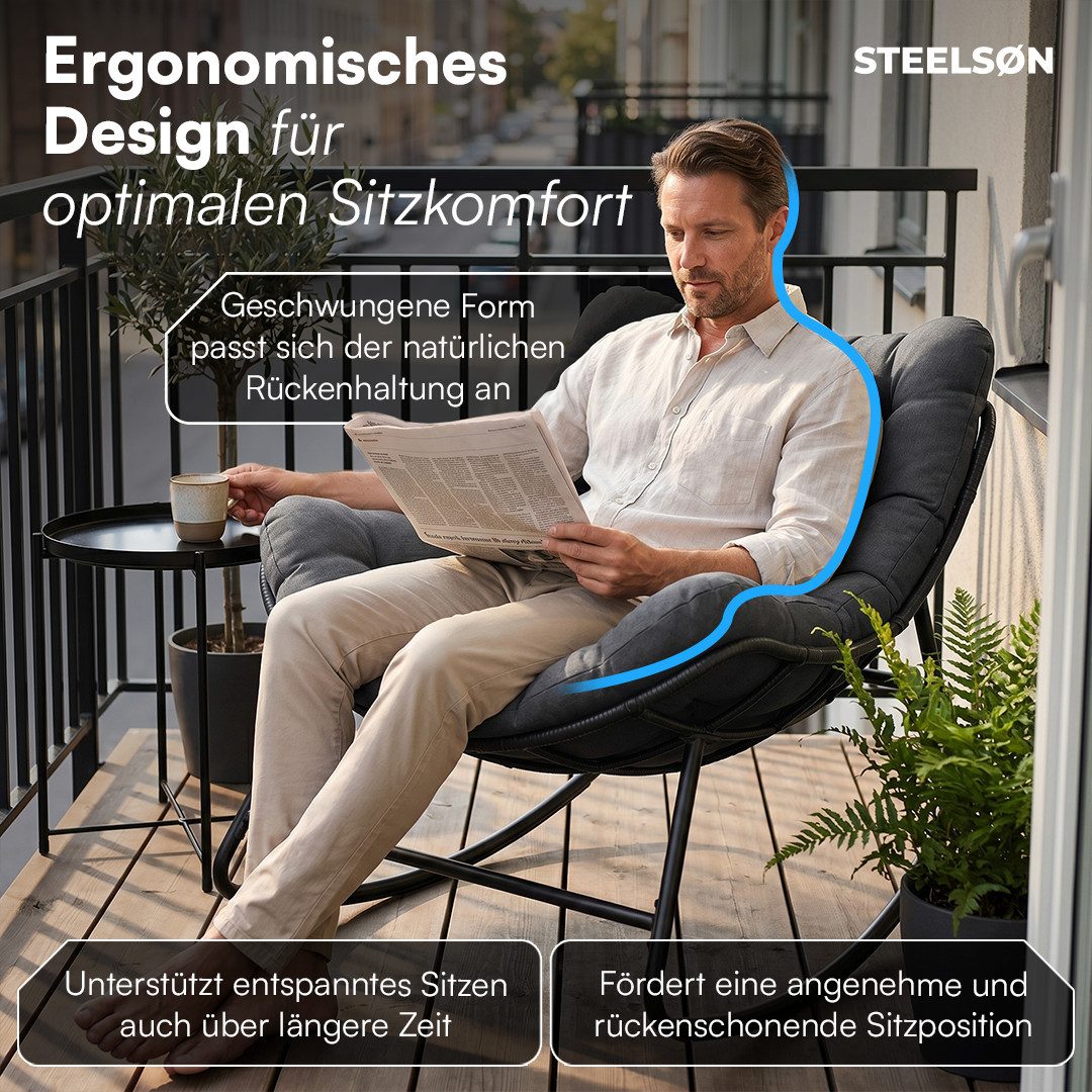 STEELSØN Schaukelstuhl Veldora Rattan XXL Schaukelsessel mit Sitzpolstern für Innen & Außen (Anthrazit, Stahlgestell 75x100x65 cm), Relaxsessel wetterfest & rutschfest, Lounge Sessel bis 125 kg