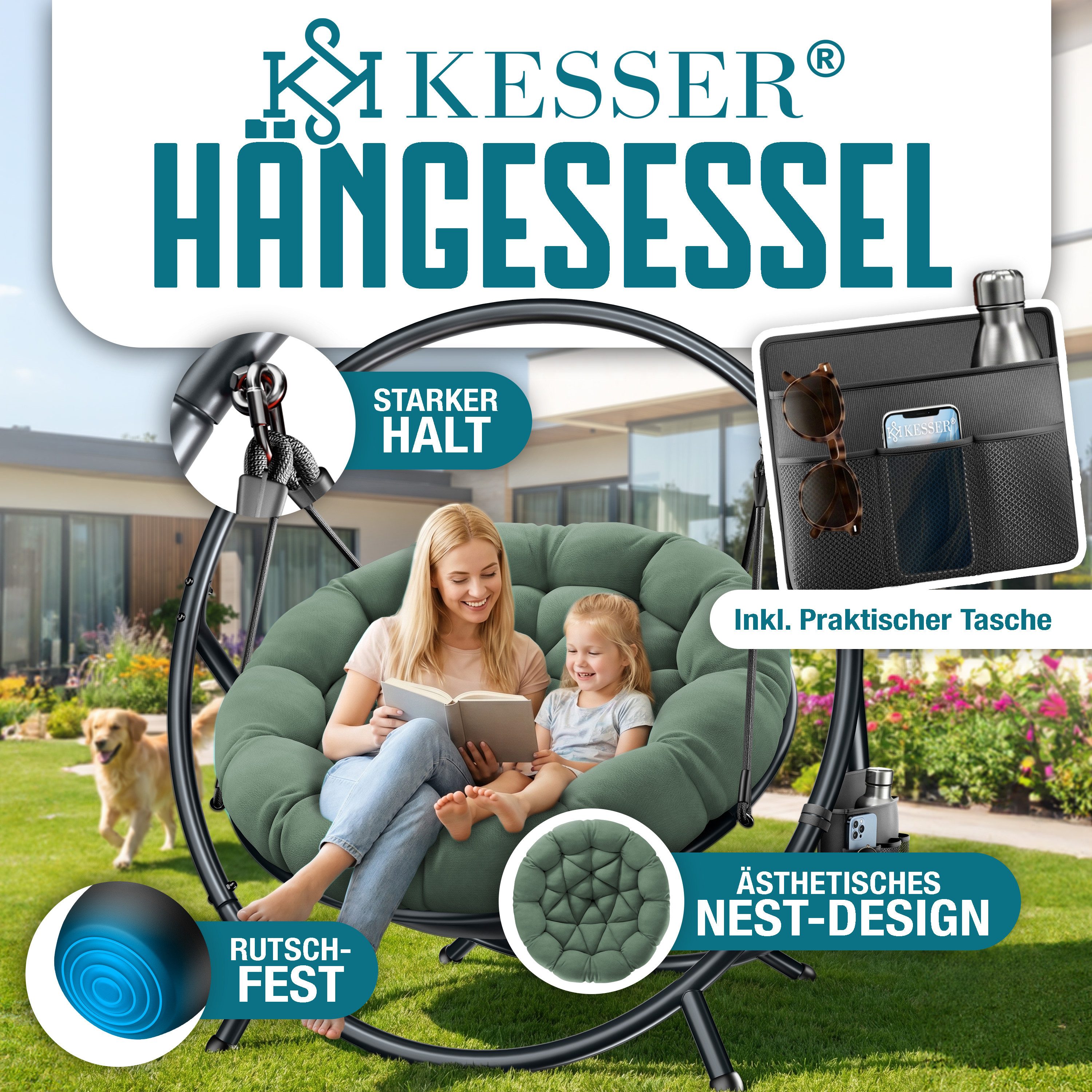 KESSER Hängesessel Bali Hängesessel mit Gestell Hängeschaukel Hängestuhl bis 150kg (mit Wipp Funktion, Kissen & Seitentasche), Hängekorb Stahlgestell Schaumstoff Sitzpolster für Wohnzimmer & Garten