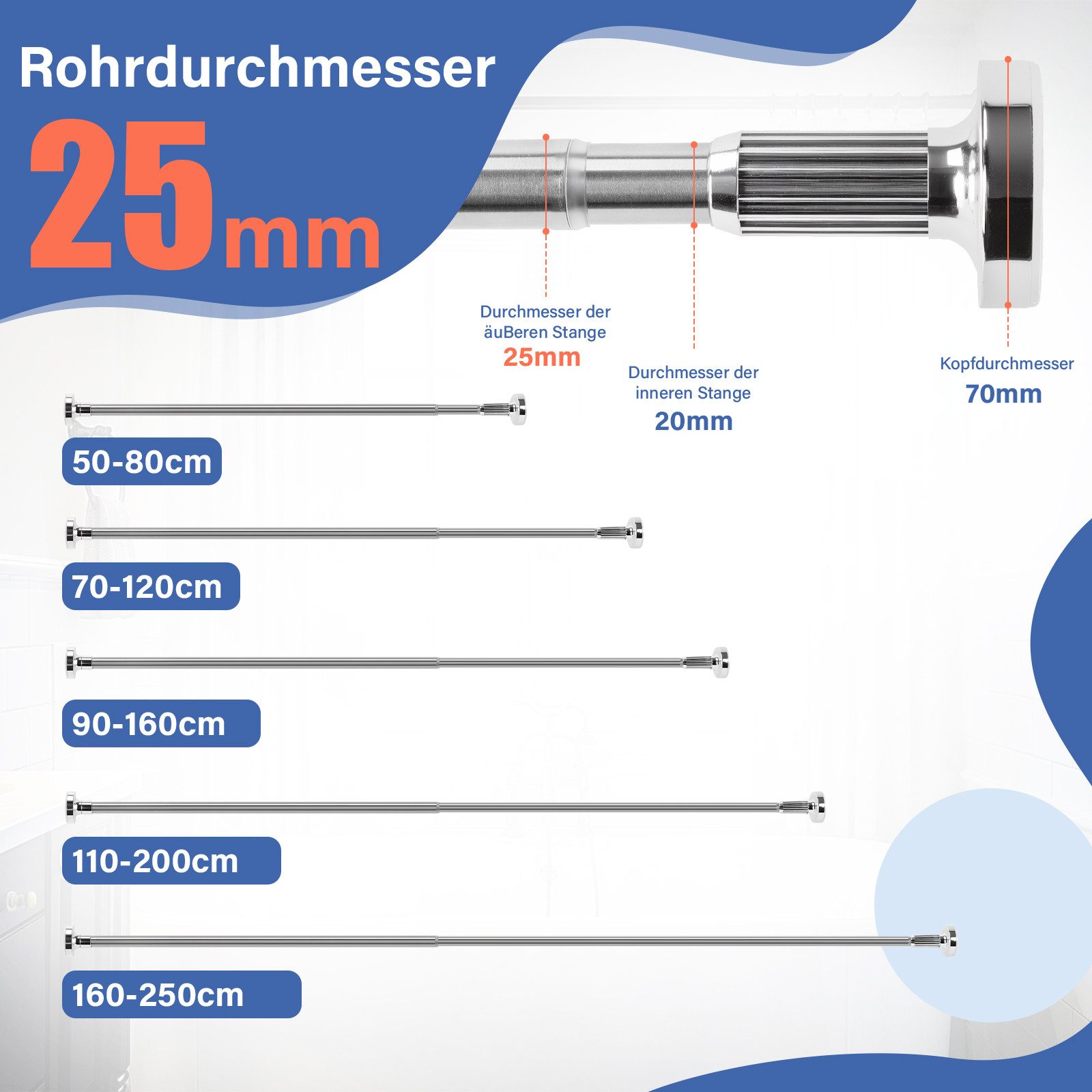 Homewit Duschvorhangstange Ø 25 mm, 50-160cm, günstig online kaufen