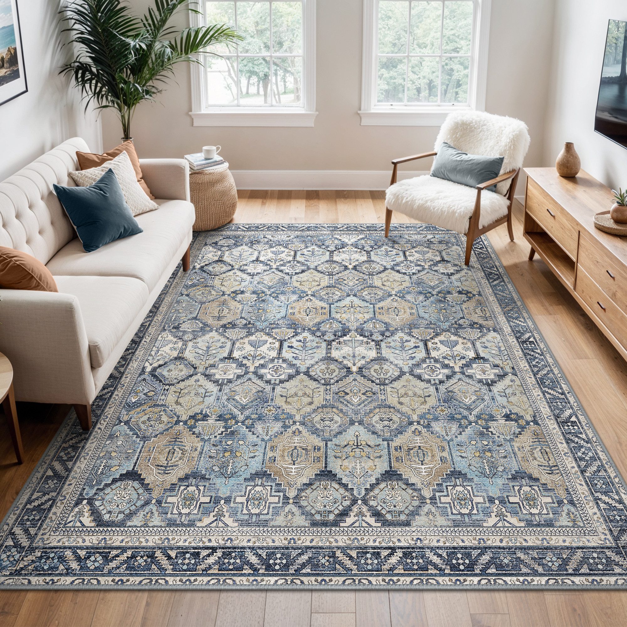 GENIMO Teppich Waschbarer, großer rutschfester Orientteppich im Vintage-Stil, rechteckig, für Badezimmer und Esszimmer, Marineblau, 160 x 230 cm