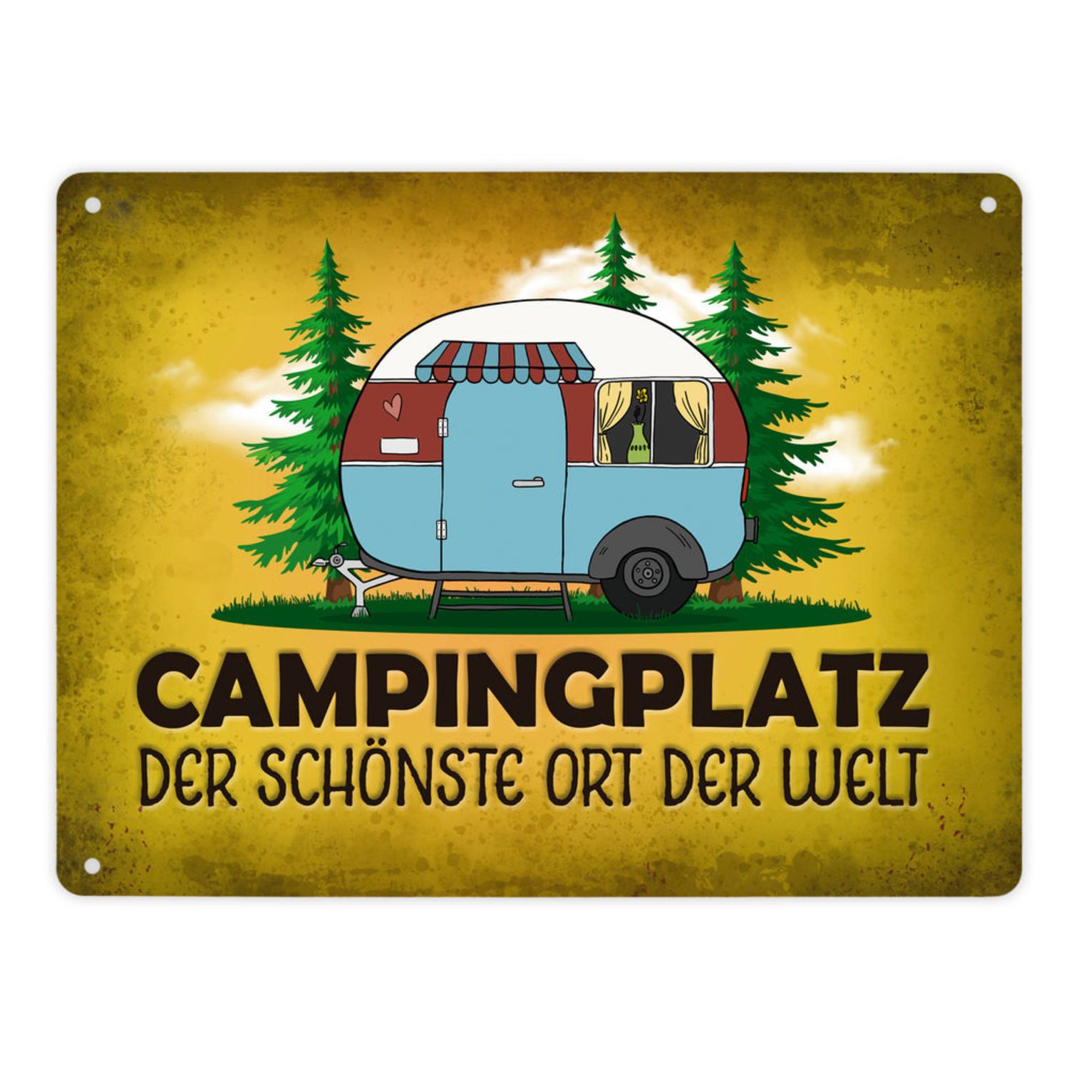speecheese Metallschild Metallschild XL mit Wohnwagen Motiv und Spruch: Campingplatz Schild