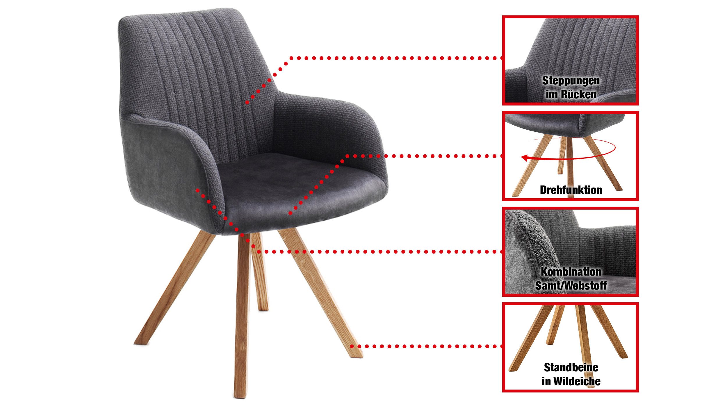 Massivart® Polsterstuhl Armlehne drehbar / anthrazit oder braun / 180 Grad günstig online kaufen