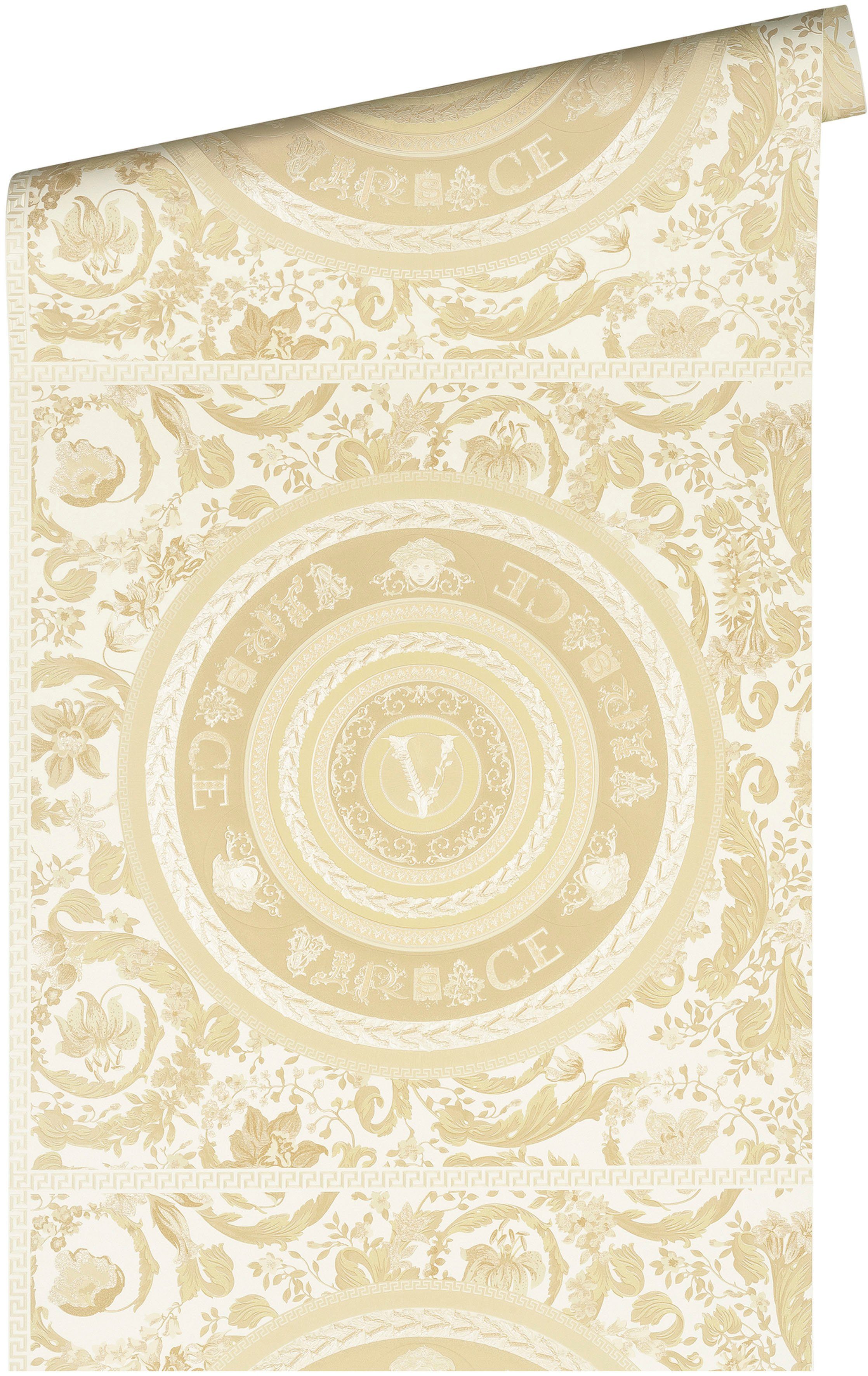 beige/creme/weiß Design, Floral 5 auffallende Versace Vliestapete Designertapete, leicht Versace glänzend, Wallpaper Fliesen-Tapete leicht (1 St), strukturiert,