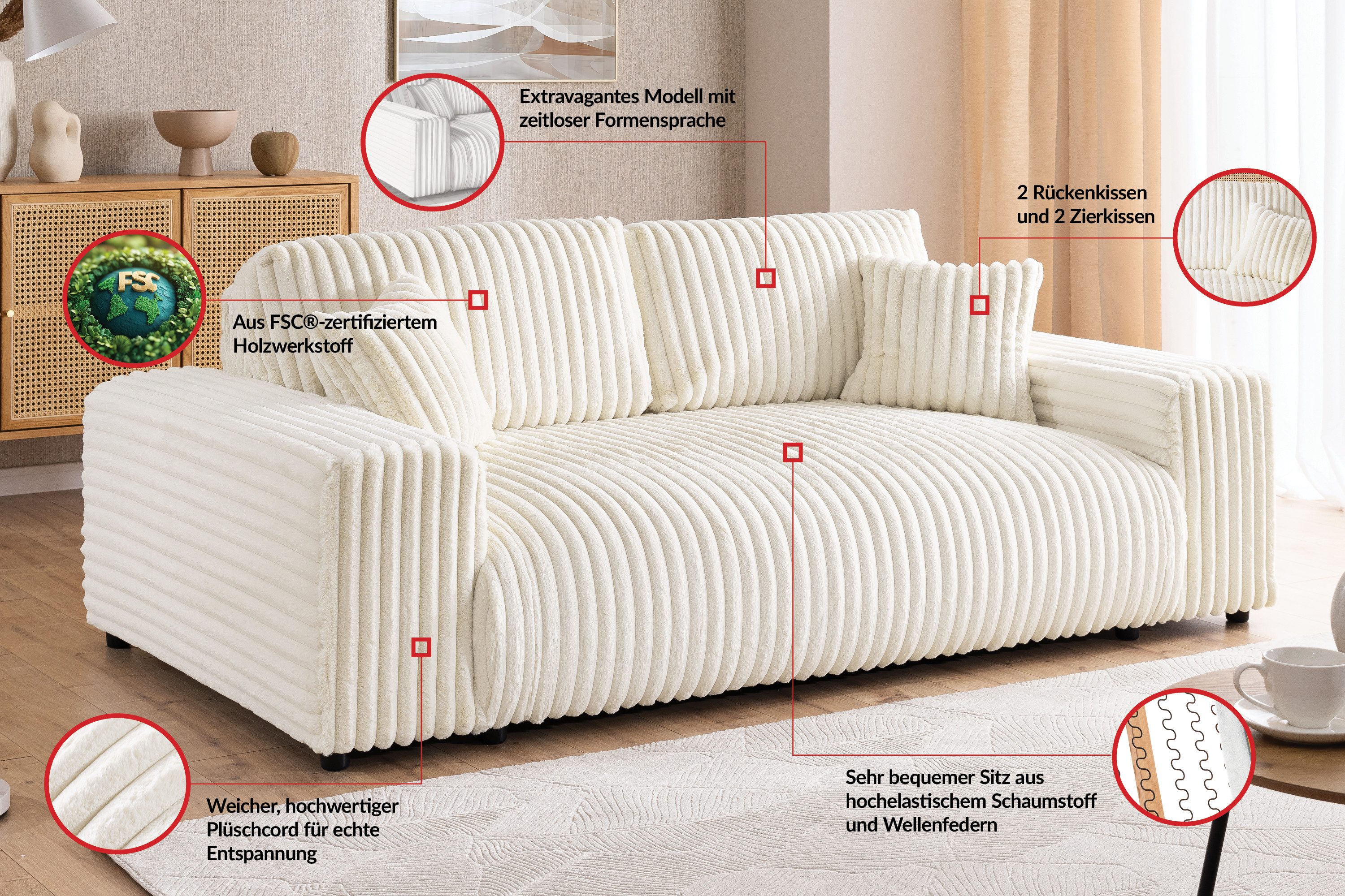 S-Style Möbel 2-Sitzer Sofa Mollis aus Plüschcord mit hohem Sitzkomfort, mit Wellenfederung – Bild 5 von 5