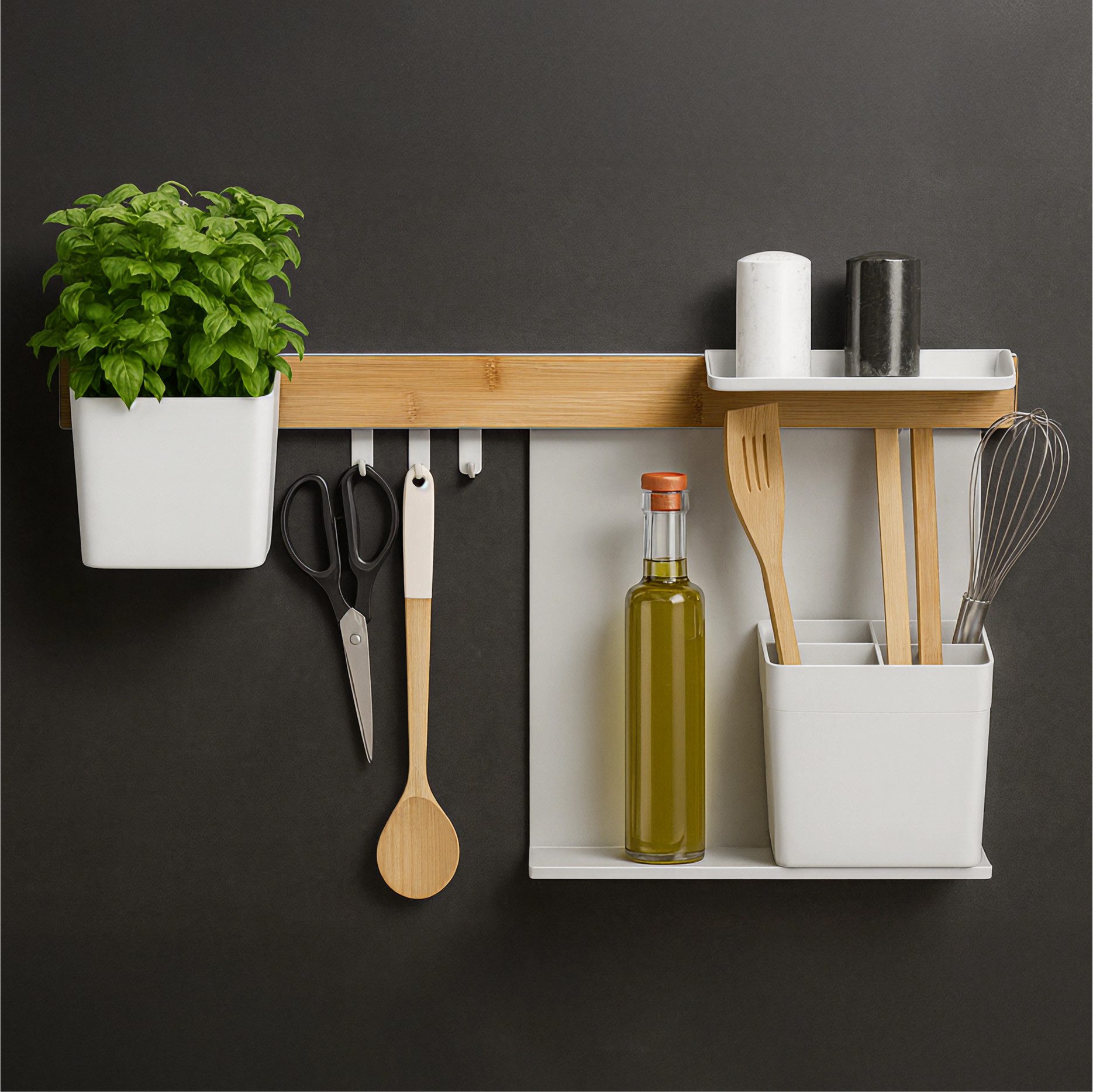 tesa Hakenleiste tesa Küchen-Organizer Kombi-Set M - selbstklebende Küchenleiste, (Komplett-Set, 6 St., inkl. Kräutertopf, 2 Ablagen, Utensilienhalter, Hakenleiste (3 Haken), Flexible Organisationsleiste für die Küche, Montage ohne Bohren