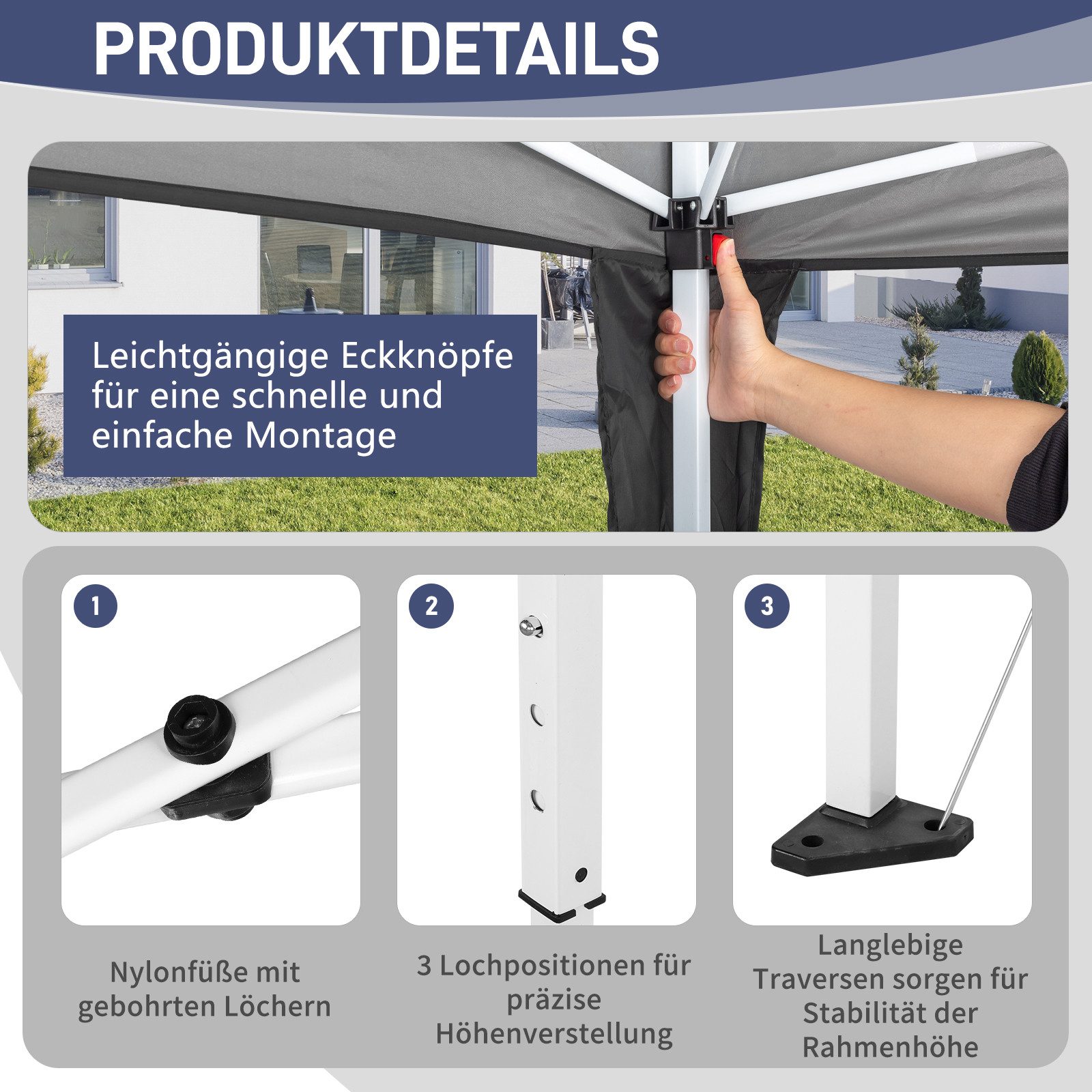 LEADZM Faltpavillon 3x3m mit 4 Netzseitenwänden, höhenverstellbar, UV-Schutz, Pop-Up Gartenpavillon 3×3m mit Moskitonetz, klappbarer inkl. Zubehör – Bild 3 von 5