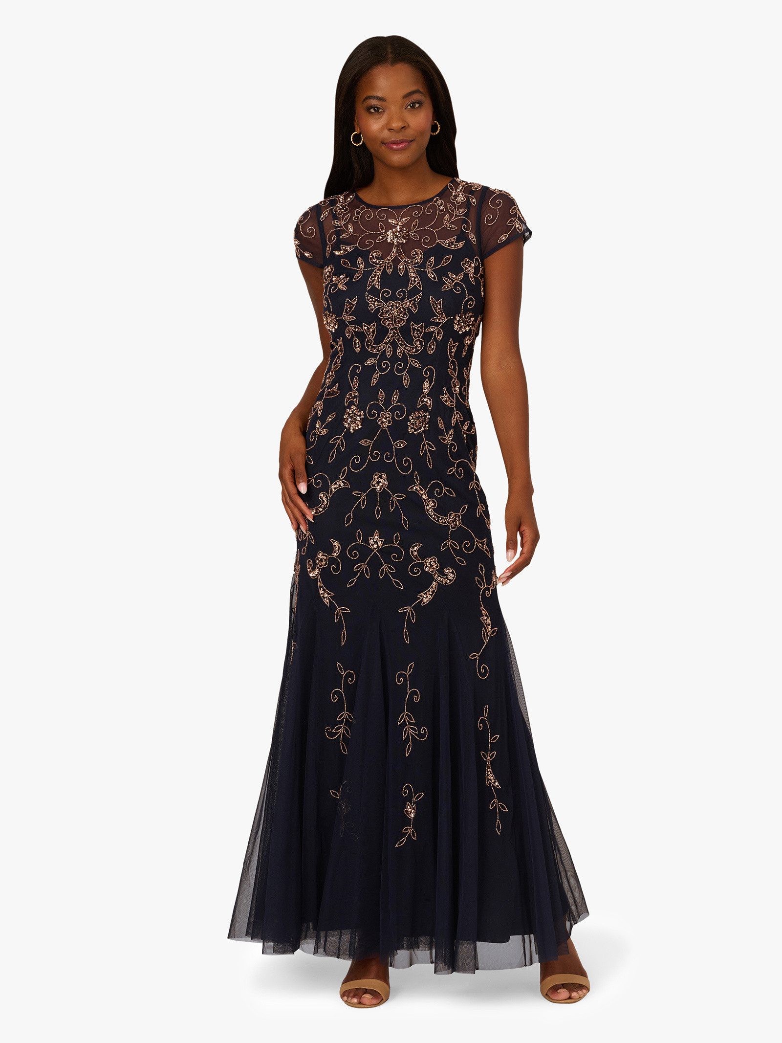 Adrianna Papell Abendkleid Bead Mesh Godet Long Dress Üppiges, mit Perlen besticktes Kleid mit Volants