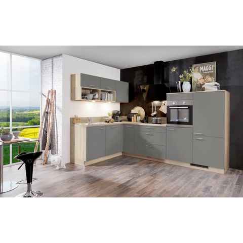 Kochstation Küchenzeile KS-Scafa, vormontiert, mit höhenverstellbaren Füßen, vormontiert, wahlweise mit E-Geräten, Stellbreite 305 x 185 cm