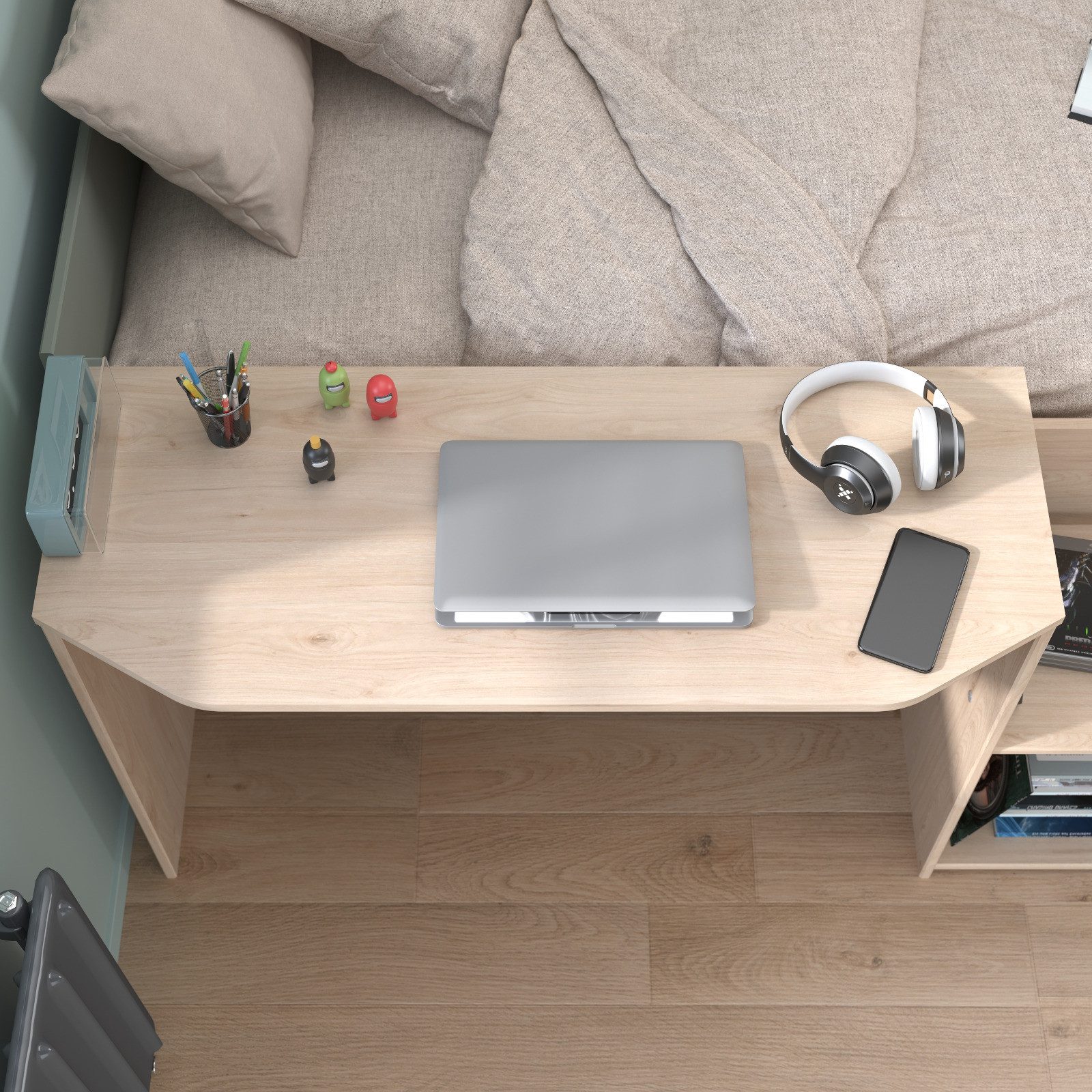 Parisot Hochbett Matre (Stauraumbett in Salbei grün und Eiche, 90 x 200 cm) mit Schreibtisch