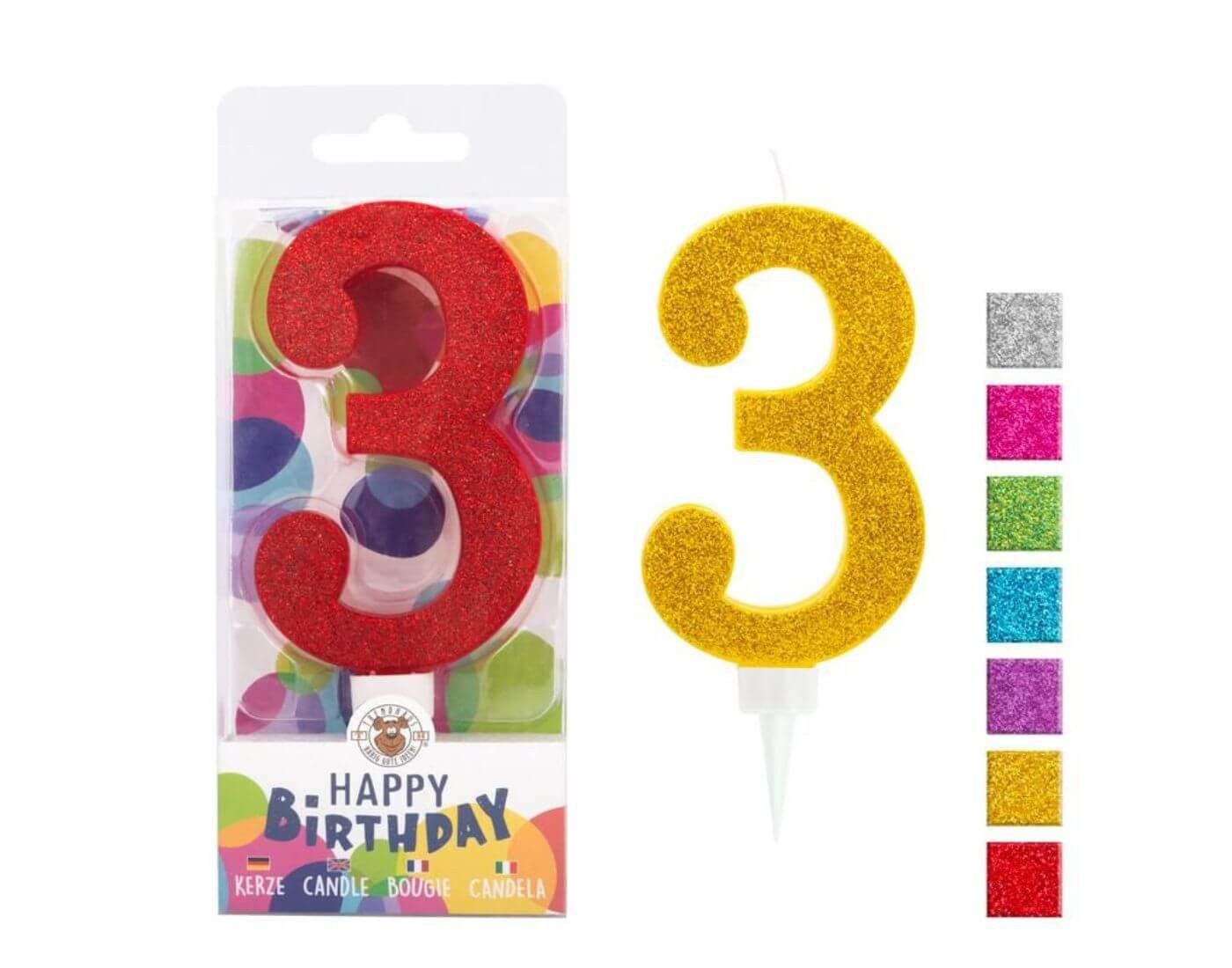 Trendhaus Geburtstagskerze BIRTHDAY FUN Zahlenkerze 3 Glitter Maxi