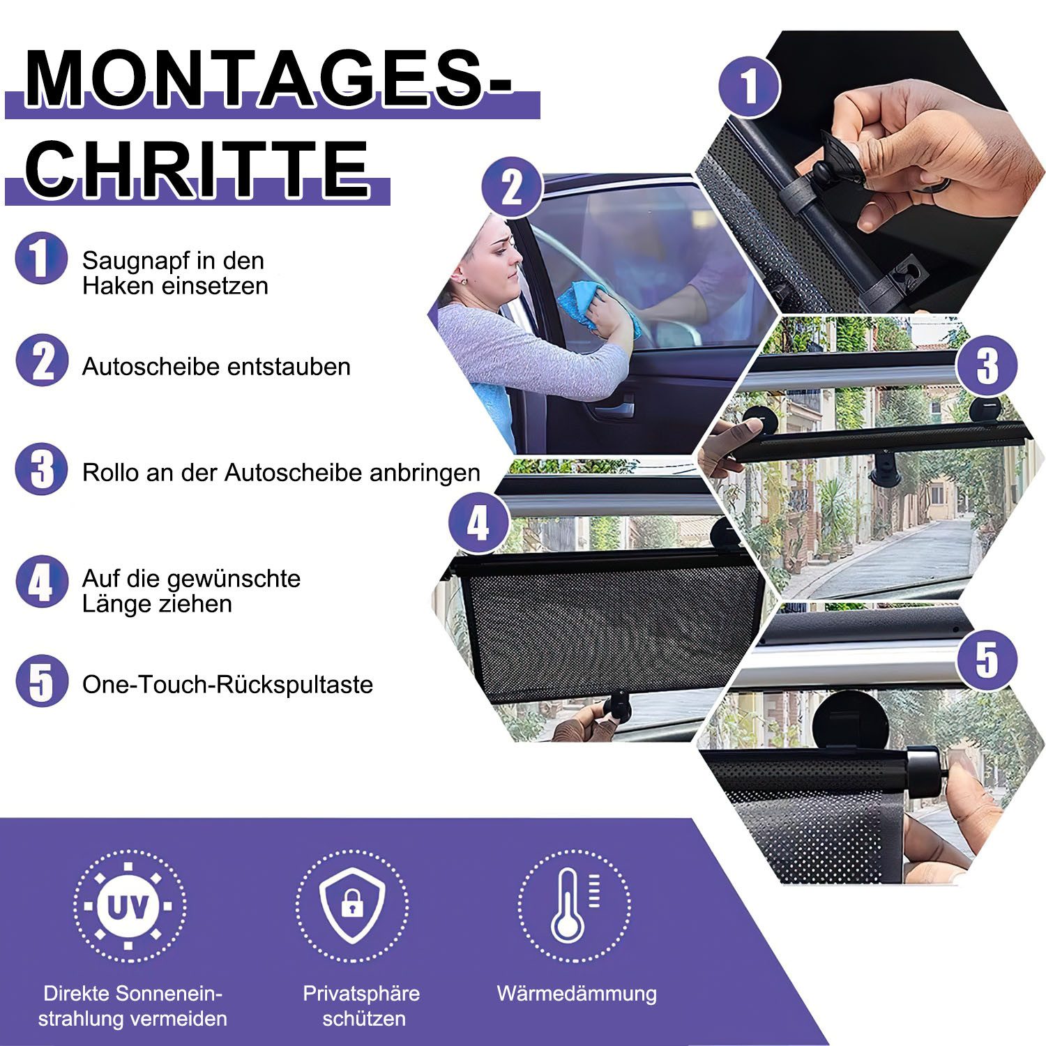 HEYHIPPO Car Sunshade Side Window Sun Visor Automatic Sunshade Curtain 2 Pieces, (Universal Sunshade with Suction Cup and Full Coverage, 40×45cm), Car Baby Blackout Curtains Black, Protect Privacy