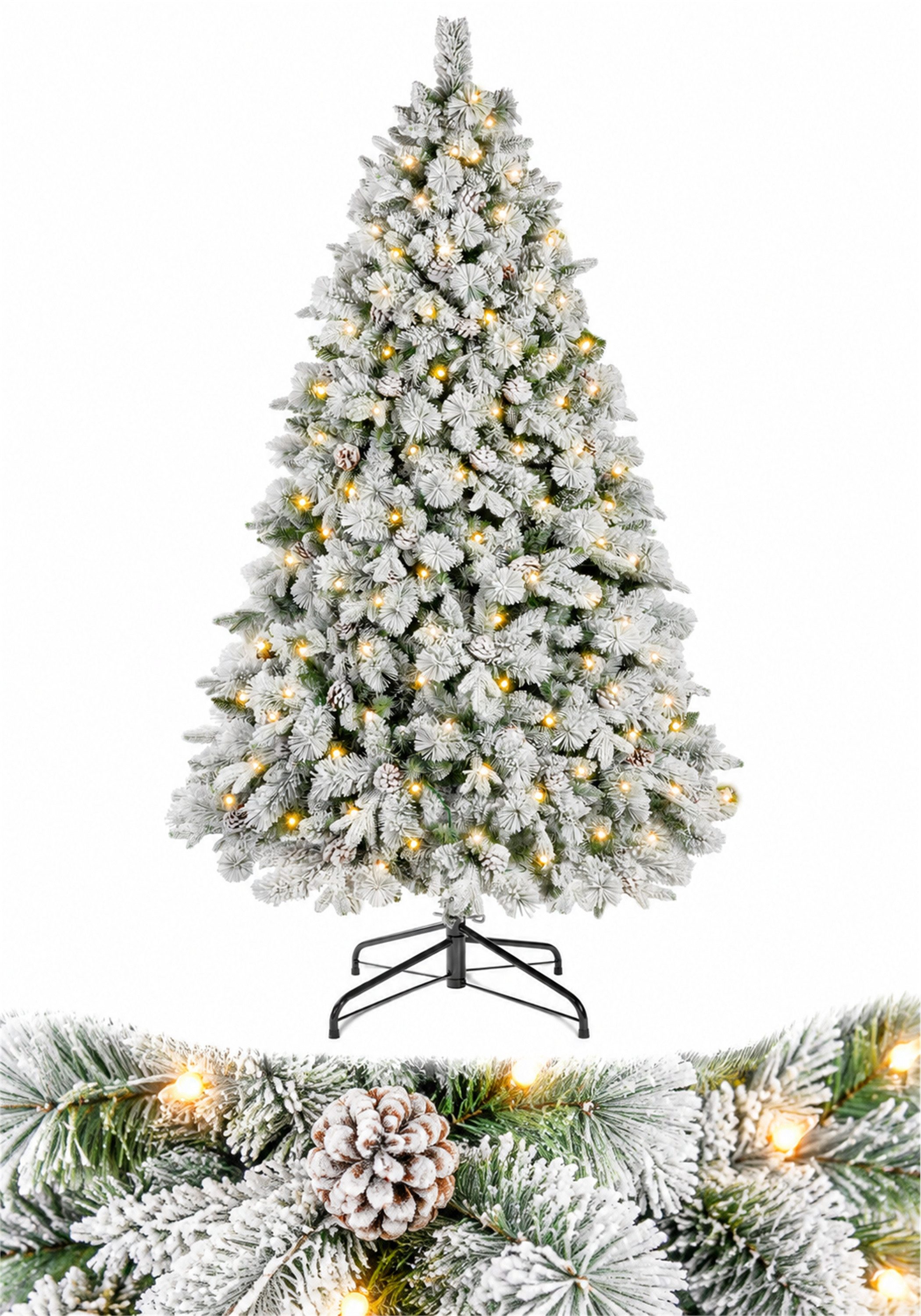 Vankel Künstlicher Weihnachtsbaum mit Schnee, Beleuchtung und Zapfen, Tannenbaum mit Metallständer, grün, Beschneiter Tannenbaum mit Zapfen, warmem Licht und Metallständer