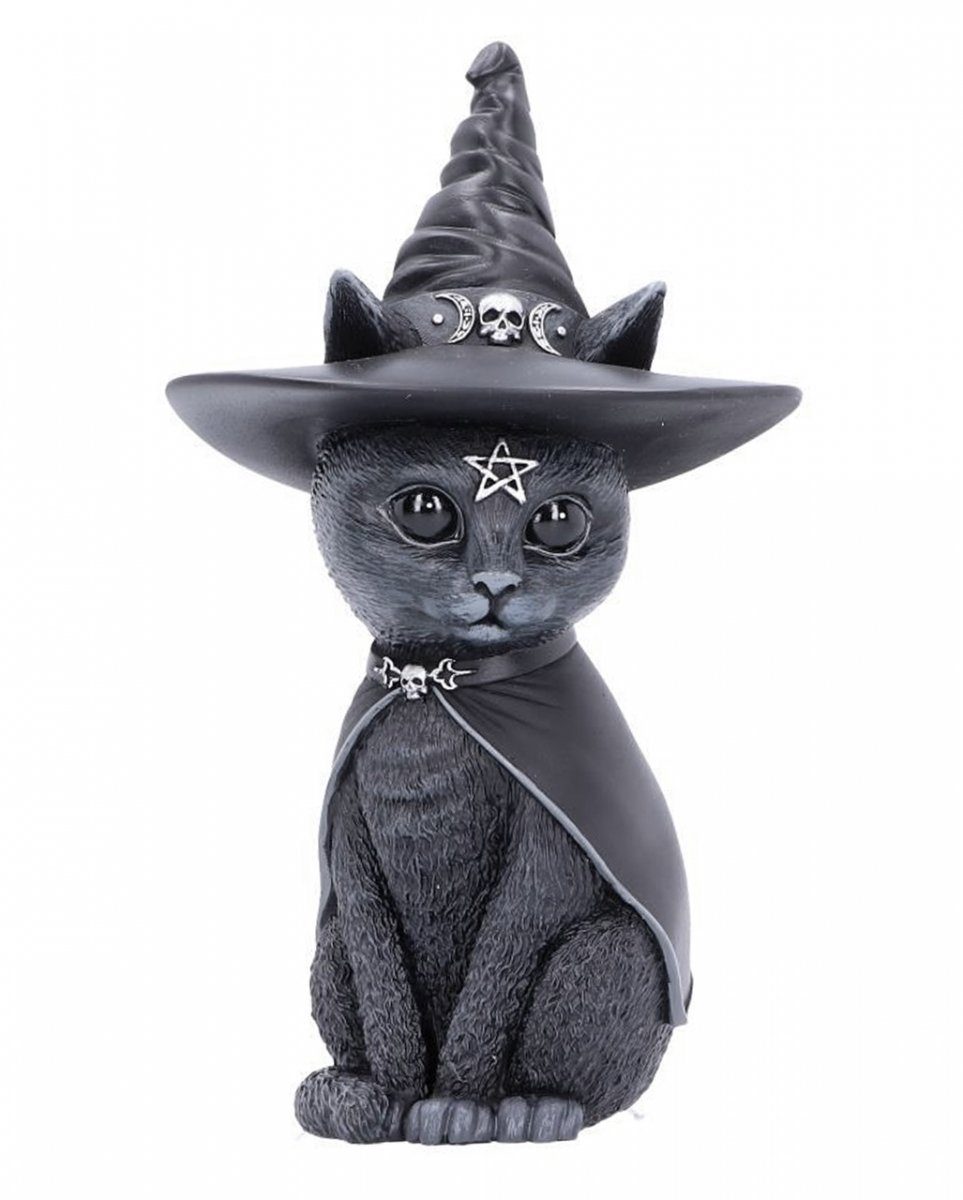 Horror-Shop Dekofigur Schwarze Katze mit Hexenhut im Okkult Design als S