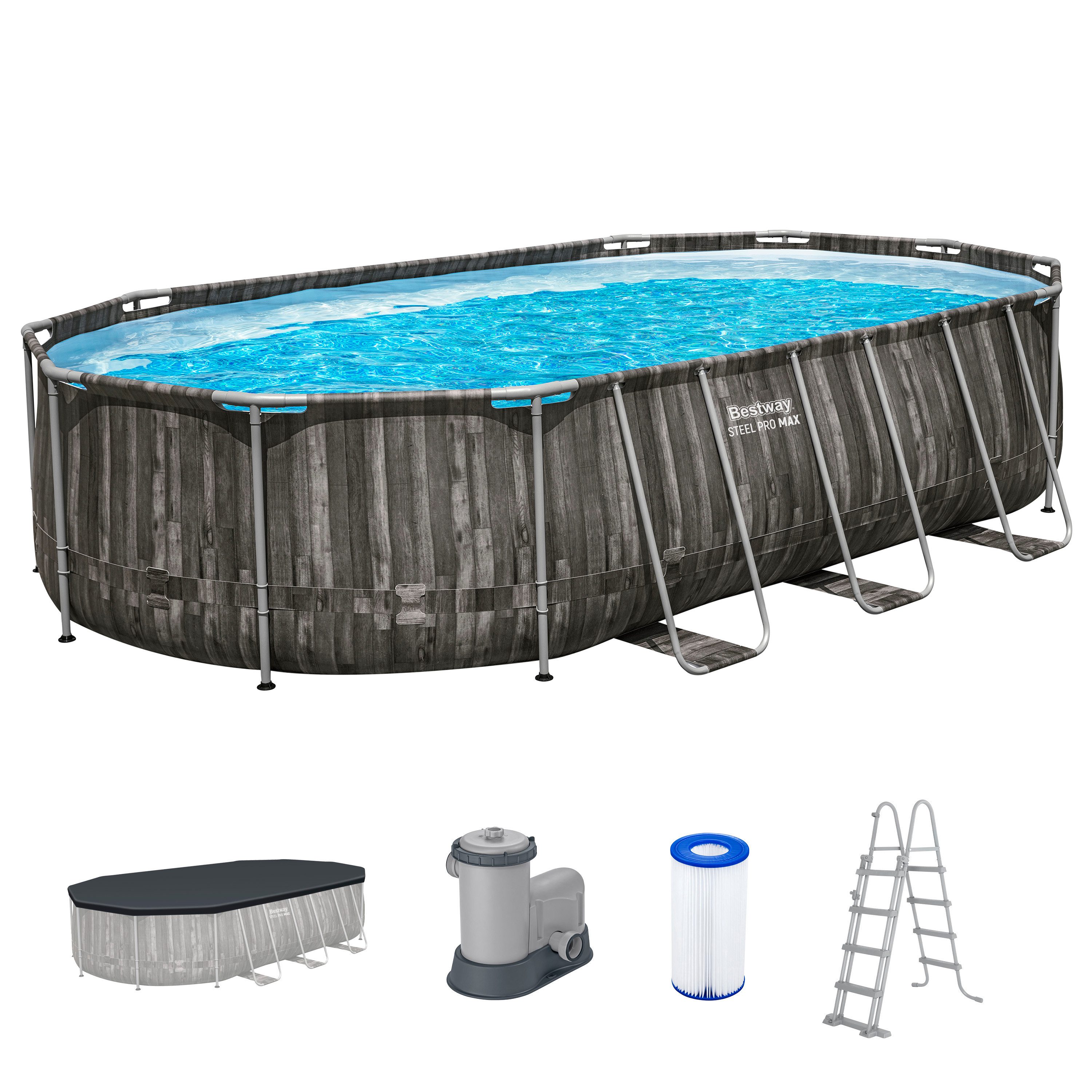 Bestway Framepool Steel Pro MAX™ (Set, Inkl. Filterpumpe, Sicherheitsleiter, Abdeckplane), 610 x 366 x 122 cm