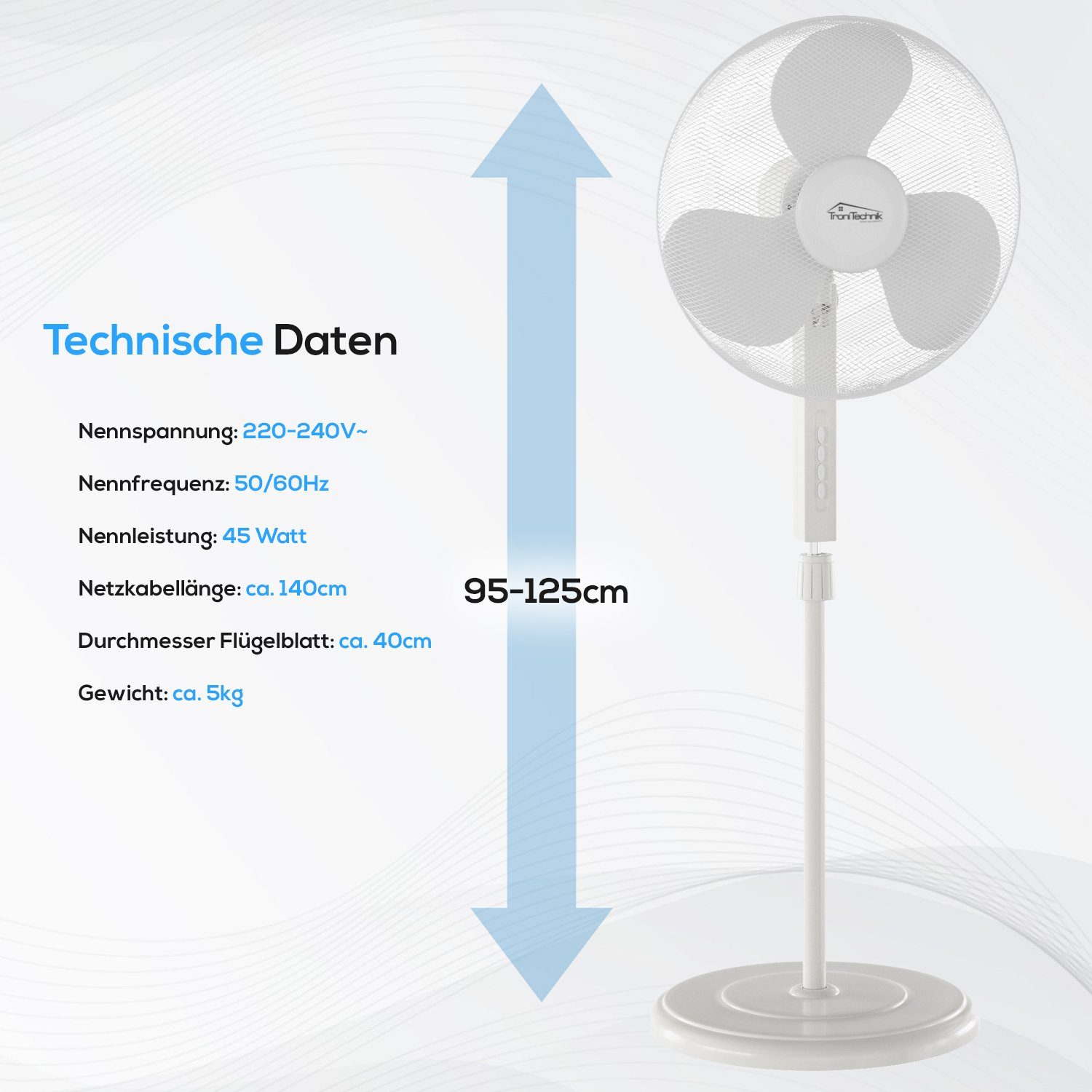 TroniTechnik Standventilator Lüfter, Kühlgerät weiß Oszillation, SV02 ⌀ 45Watt 40cm Oszillation,3 40cm mit Intensitätsstufen, Durchmesser, verschiedene