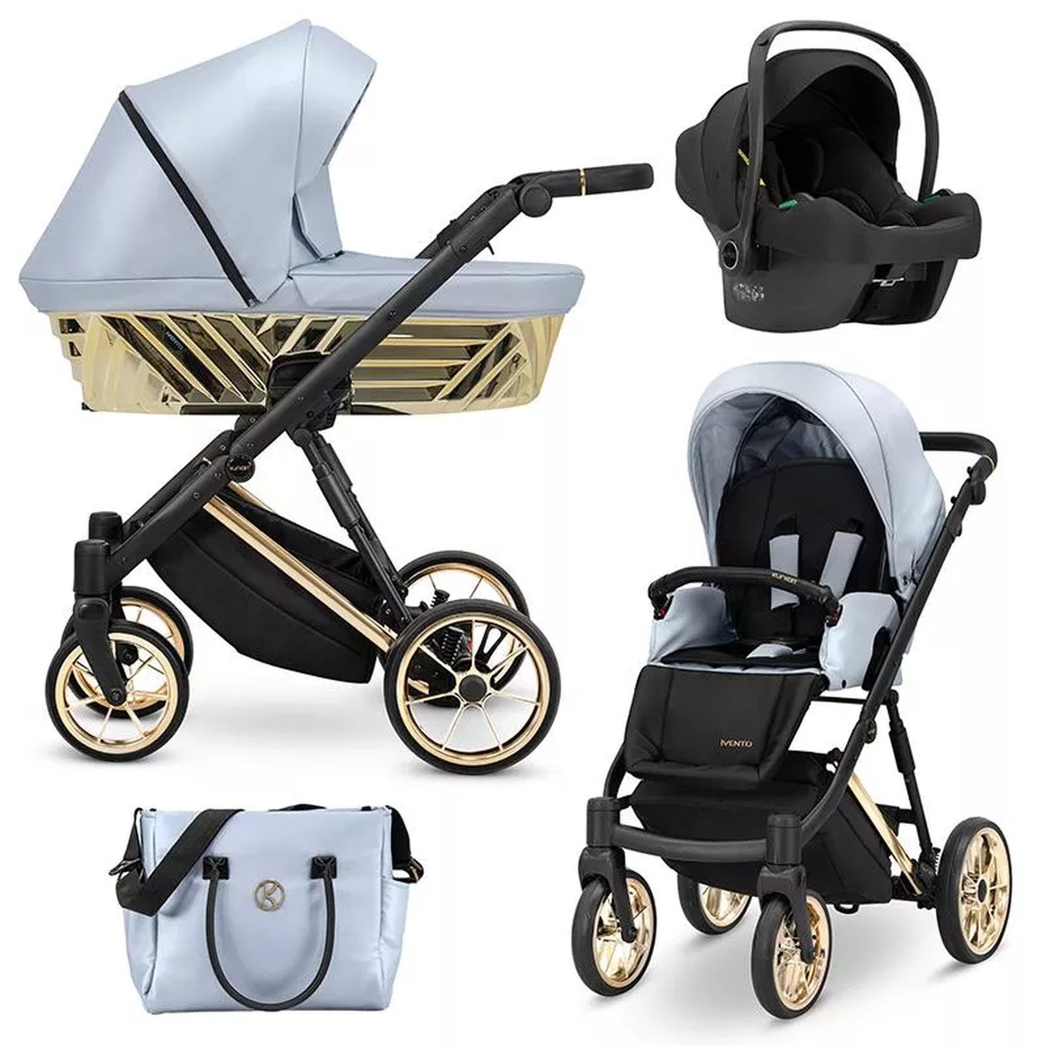 KUNERT Kombi-Kinderwagen Ivento Glam 3in1 Öko-Leder Kinderwagen mit goldenem Rahmen, 2in1-Set mit Babywanne und Sportsitz