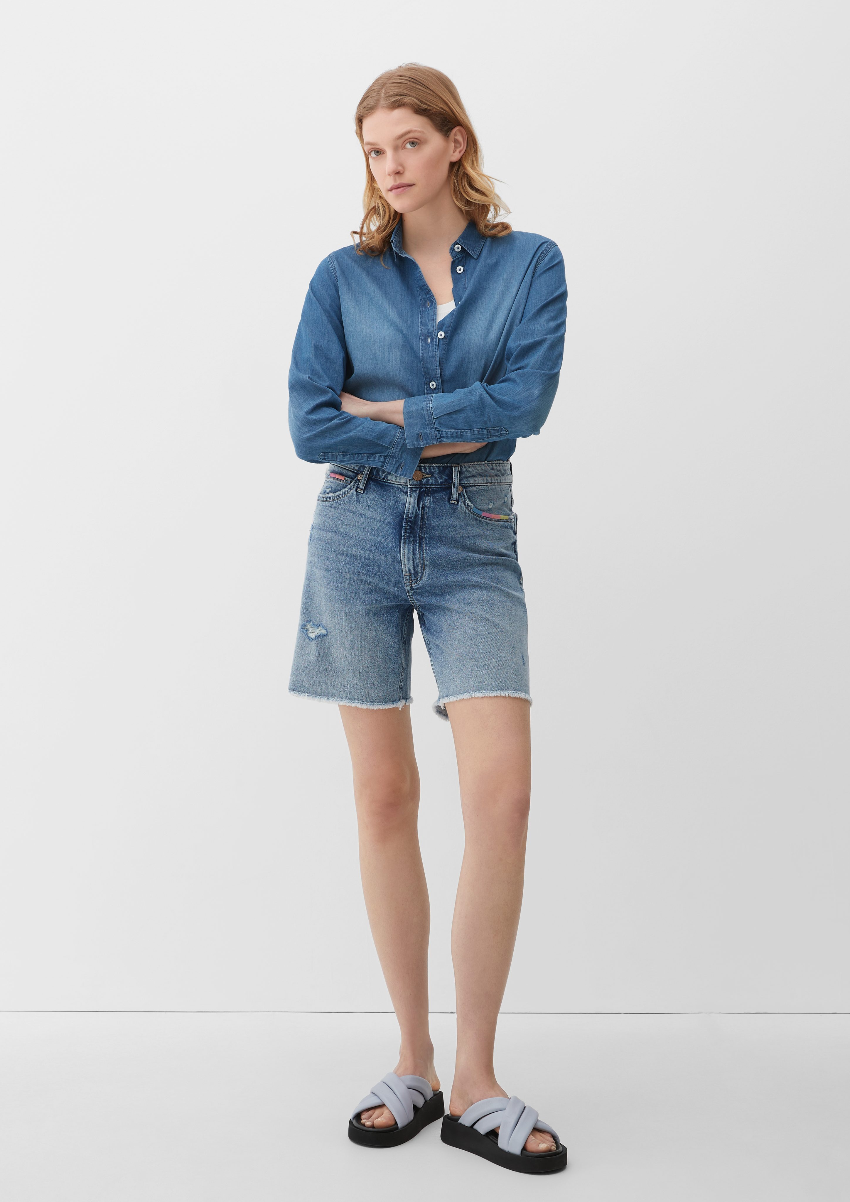 Jeans-Shorts Destroyes, / Relaxed Jeansshorts Rise / / s.Oliver Leg Straight Waschung, Fit Kontrast-Details Mid
