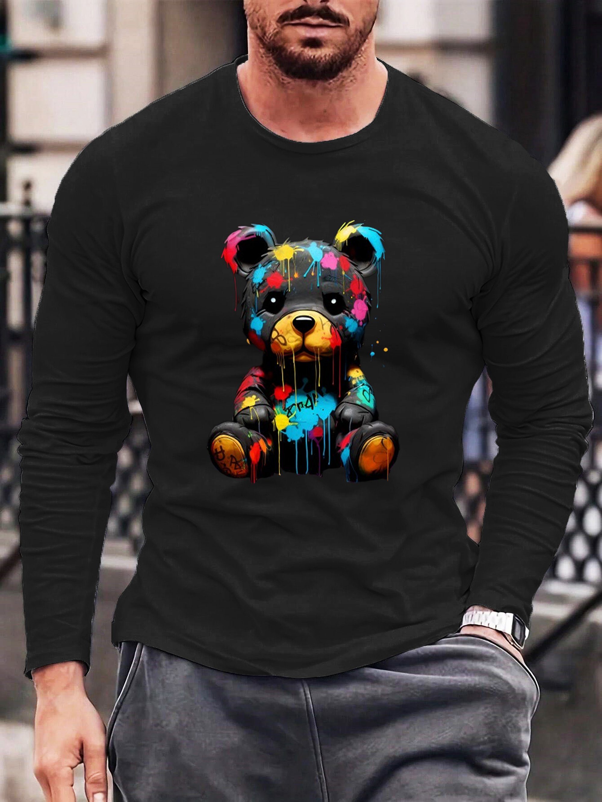 RMK Langarmshirt Herren Longsleeve Rundhals Basic Teddybär Bär aus Baumwolle, mit lizenziertem Print Schwarz (Model 1, Groß, Mitte)