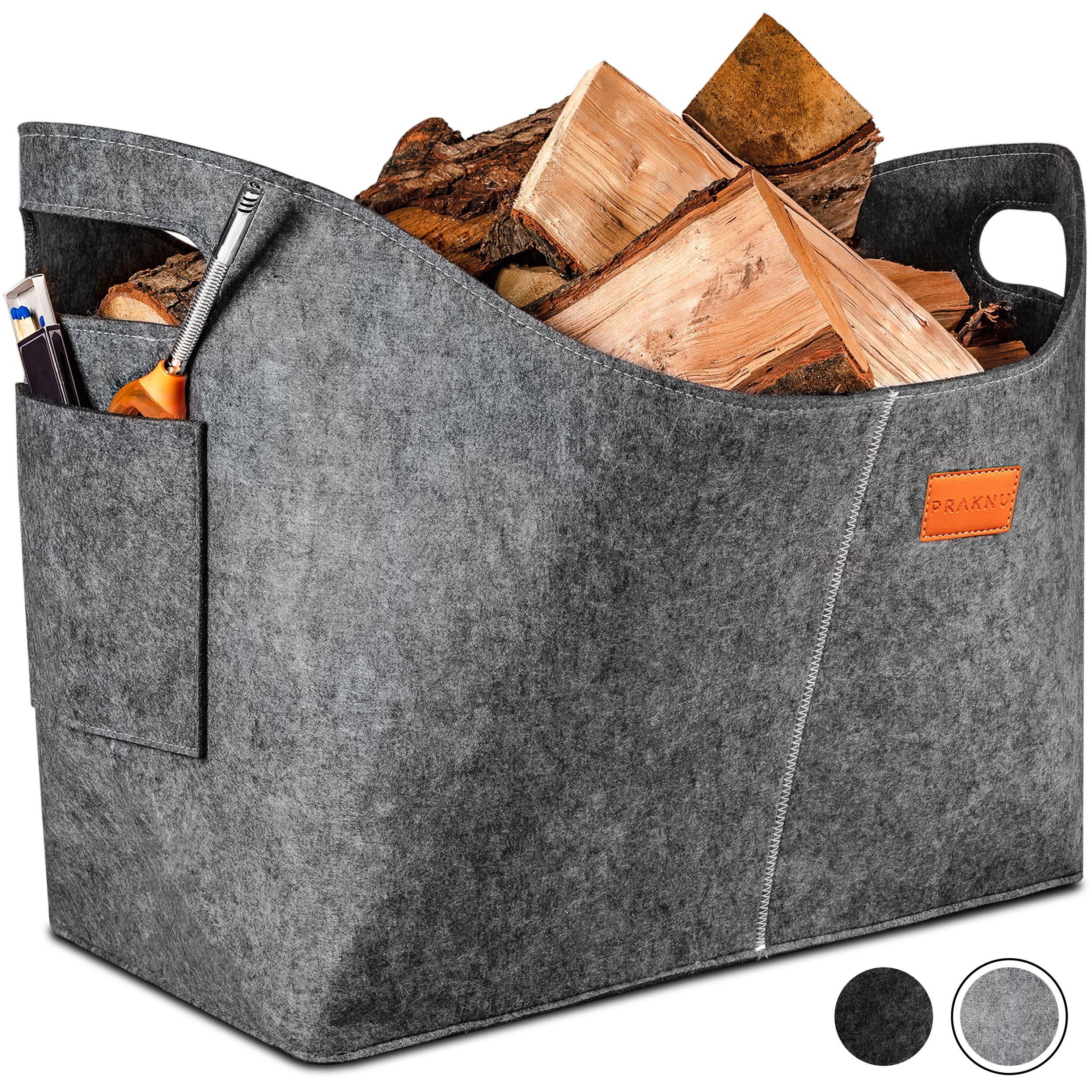 Praknu Kaminholzkorb Kaminholztasche aus Filz groß - Kaminkorb Mit Seitentasche (1 St), Brennholztasche aus Recyceltem Filz - Robust und Vielseitig Verwendbar