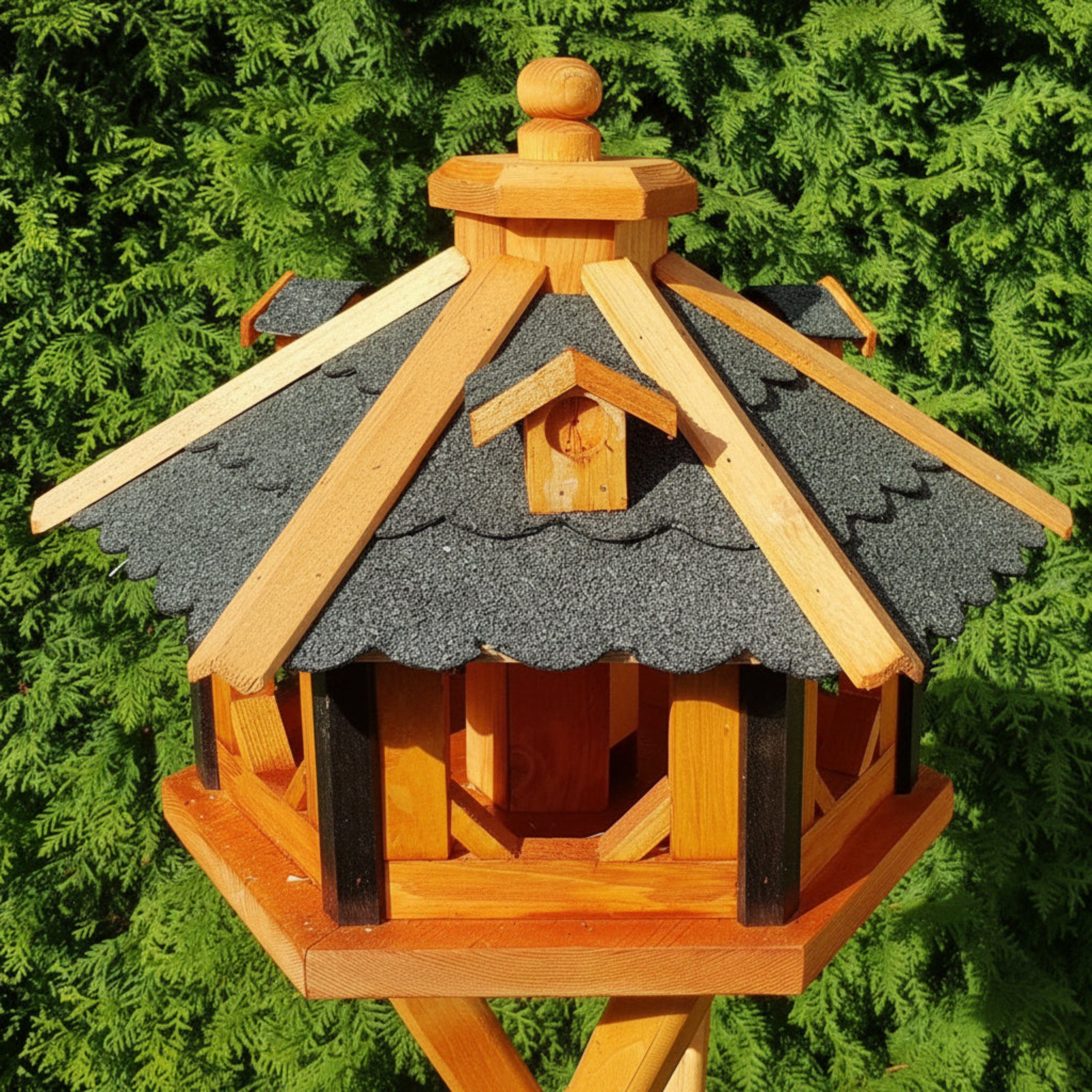 Holzdekoladen Vogelhaus 6-eck Vogelhaus Holz mit Futterspender,wetterfest,optional Ständer