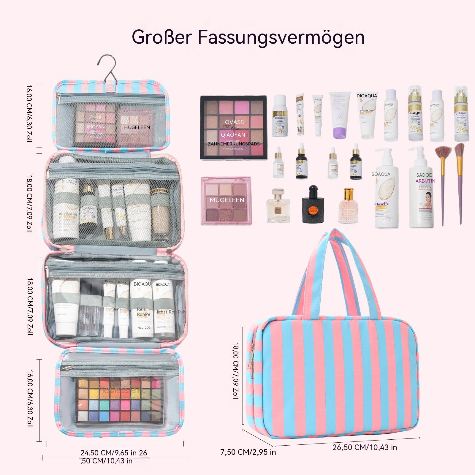 Zyronn Kulturbeutel Reise Kulturtasche Damen, Wasserabweisende Kulturbeutel mit Nassfach, Stilvolle, gestreifte Kosmetiktasche mit Haken – Bild 4 von 5