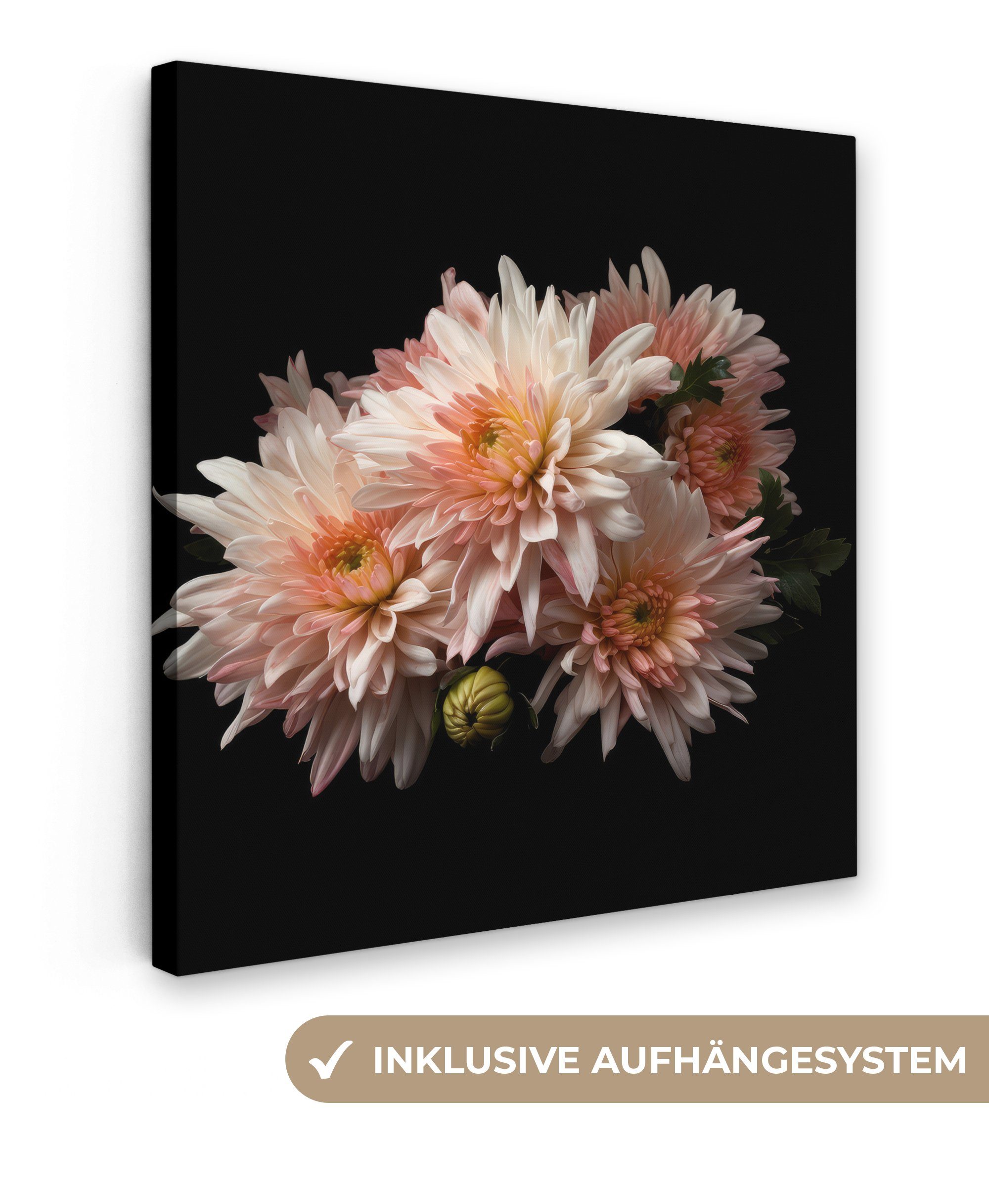 OneMillionCanvasses® Leinwandbild Chrysantheme - Blumen - Weiß - Natur - Schwarz, (1 St), Leinwand Bilder für Wohnzimmer Schlafzimmer, 20x20 cm